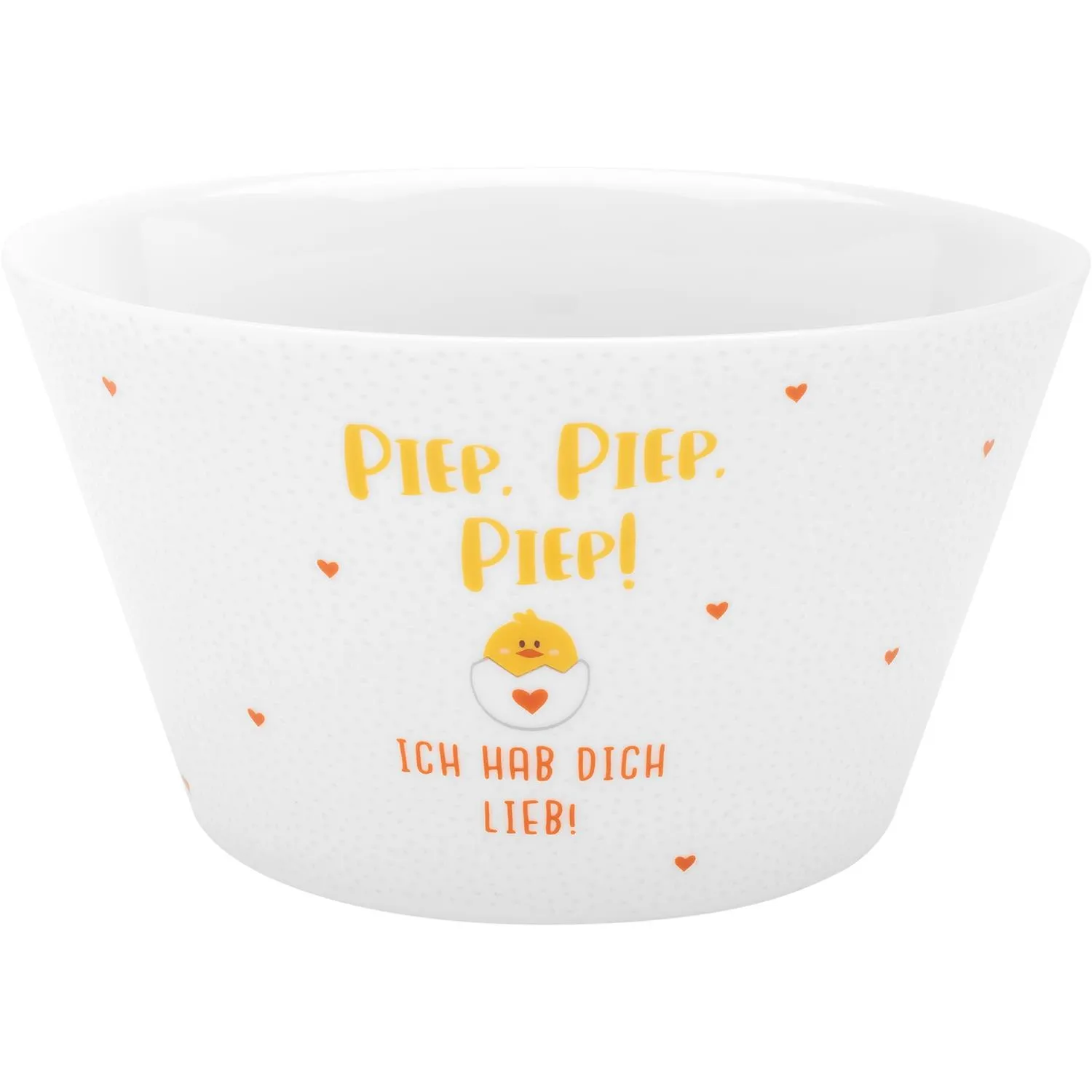 Weiße Osterschale aus New Bone China mit Küken im Ei und orangefarbenen Herzen.