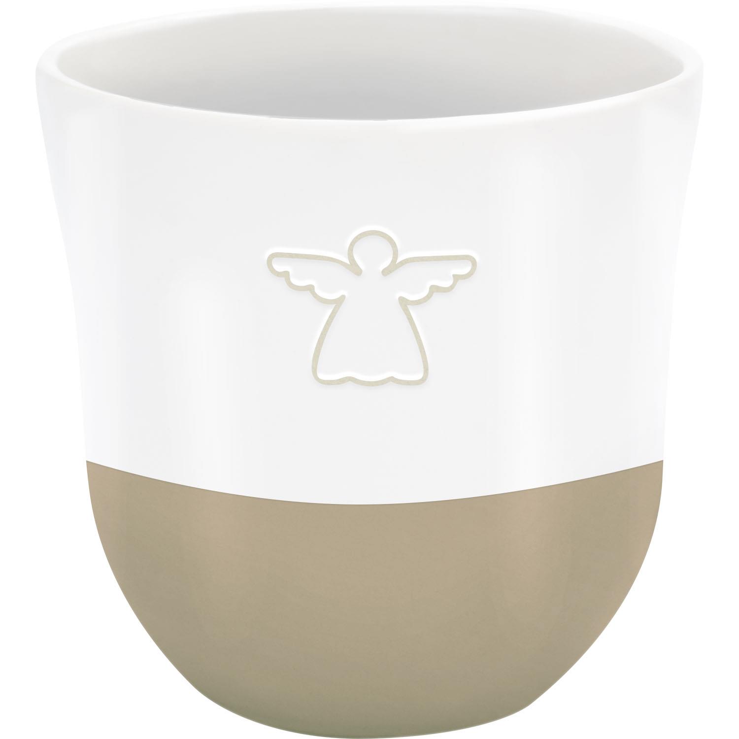 Weiße Steinzeug-Tasse mit beigefarbenem Boden und Schutzengel-Motiv