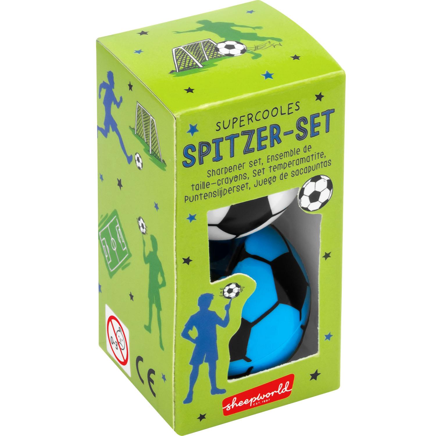 Grünes Spitzer-Set in Geschenkbox mit zwei fußballförmigen Spitzern