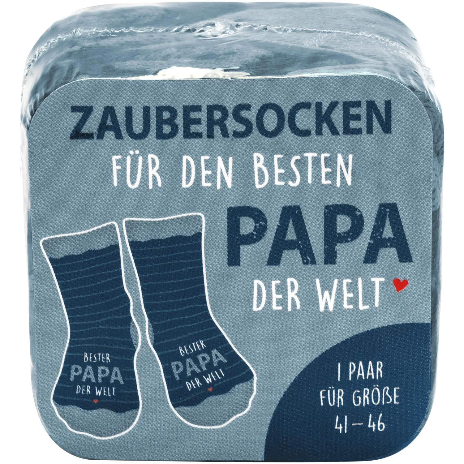 Blaue Zaubersocken mit Schriftzug 'Bester Papa der Welt' – Streifenmuster, Größe 41–46.