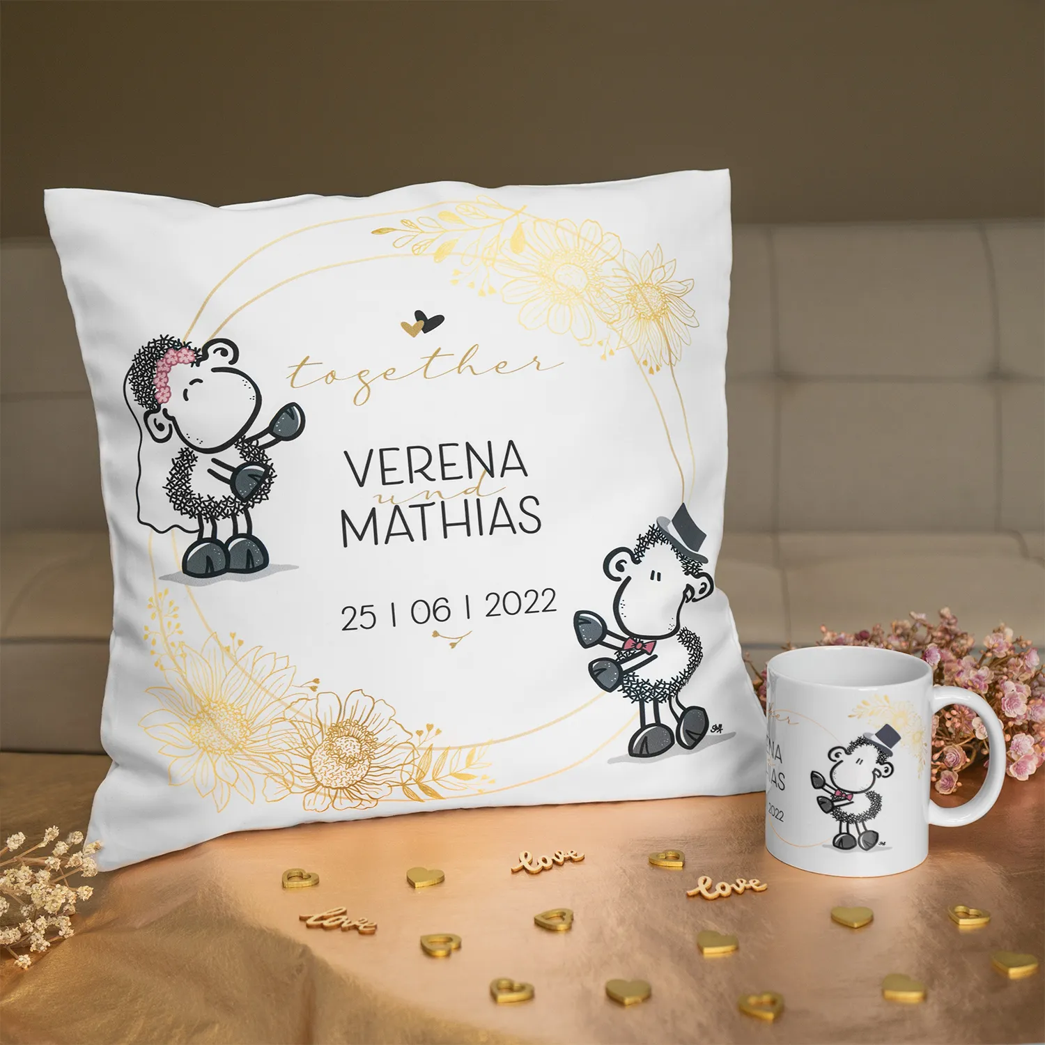 Kissen Hochzeit »Together ...« für Heteropärchen mit Wunschnamen und Wunschdatum, personalisiert, weiß  