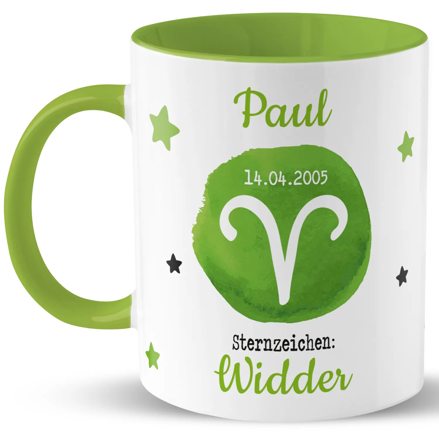 Personalisierte Porzellan-Tasse Widder mit Name Paul und Geburtsdatum 14.04.2005, grün auf weißem Grund