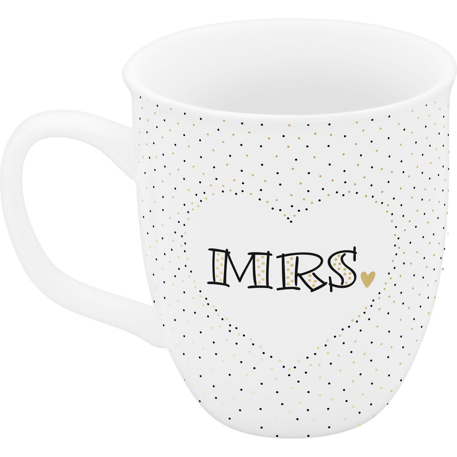 Weiße Porzellan-Tasse mit MRS-Schriftzug, Goldpunkten und Herz