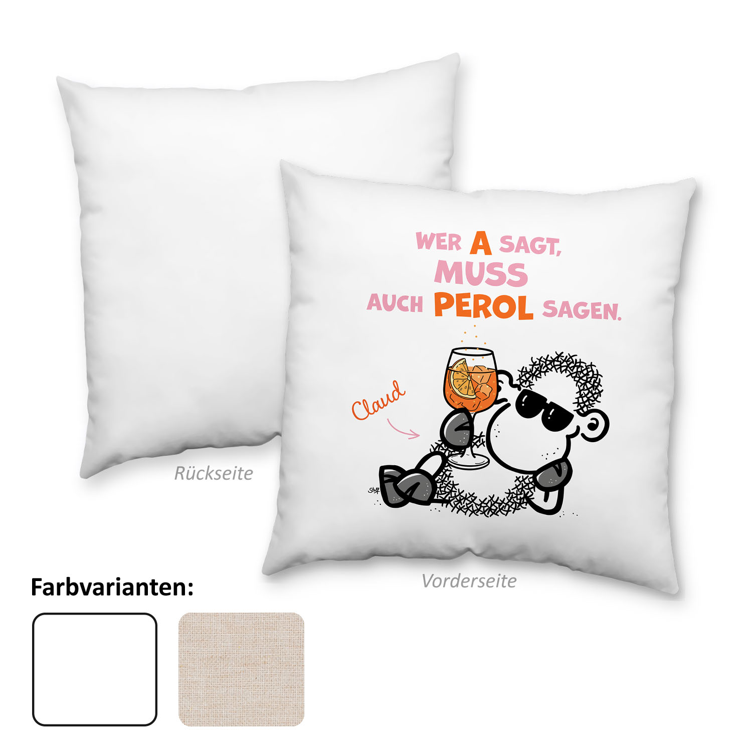 Weißes Kissen mit witzigem Spruch und Cartoon-Schaf am Glas