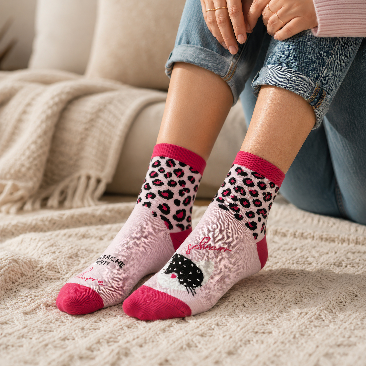 Weißer Leoparden-Socken mit pinkem Bündchen und Zehen, Leopardendruck