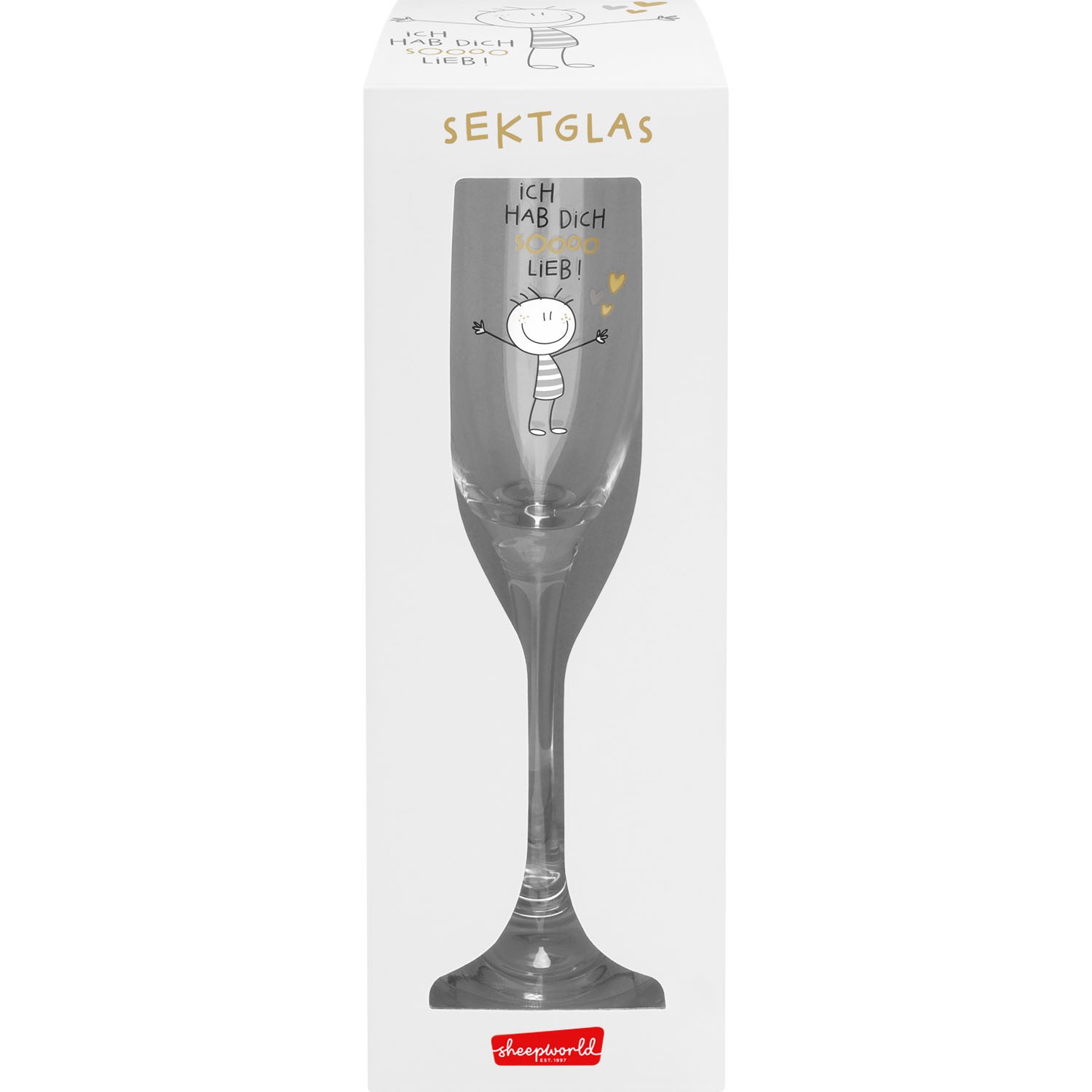 Sektglas mit Schäfchen-Motiv und Liebes-Spruch.