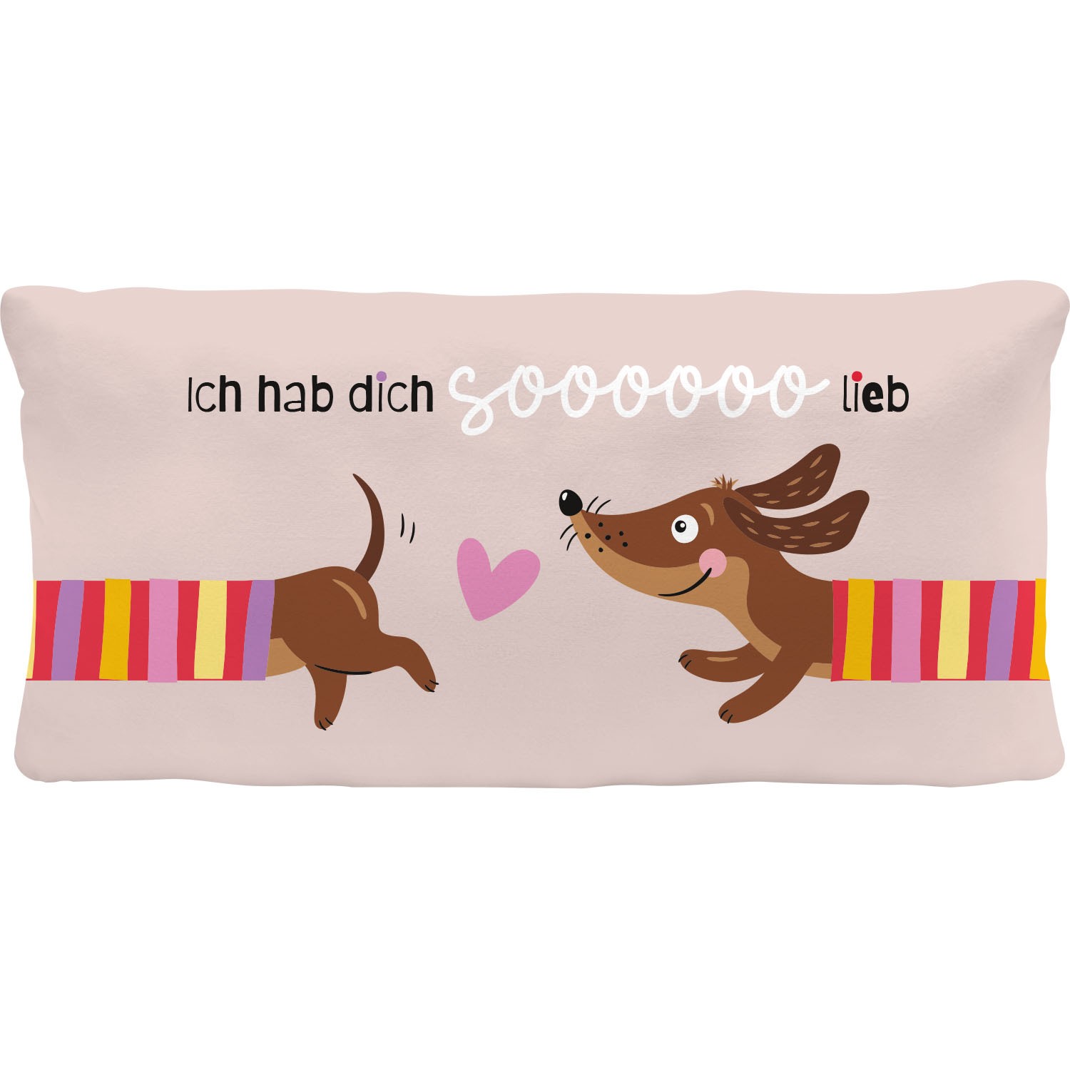 Rosa Plüschkissen mit Dackelmotiv und Herz, Spruch 'Ich hab dich sooooo lieb'