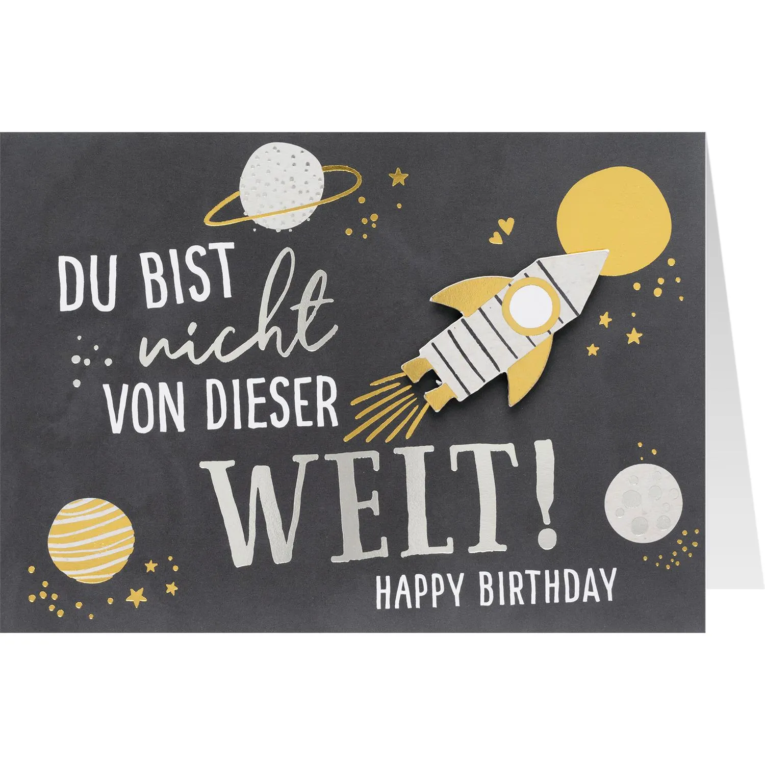 Graue Grußkarte mit Rakete und Planeten sowie Schriftzug 'Du bist nicht von dieser Welt! Happy Birthday'.