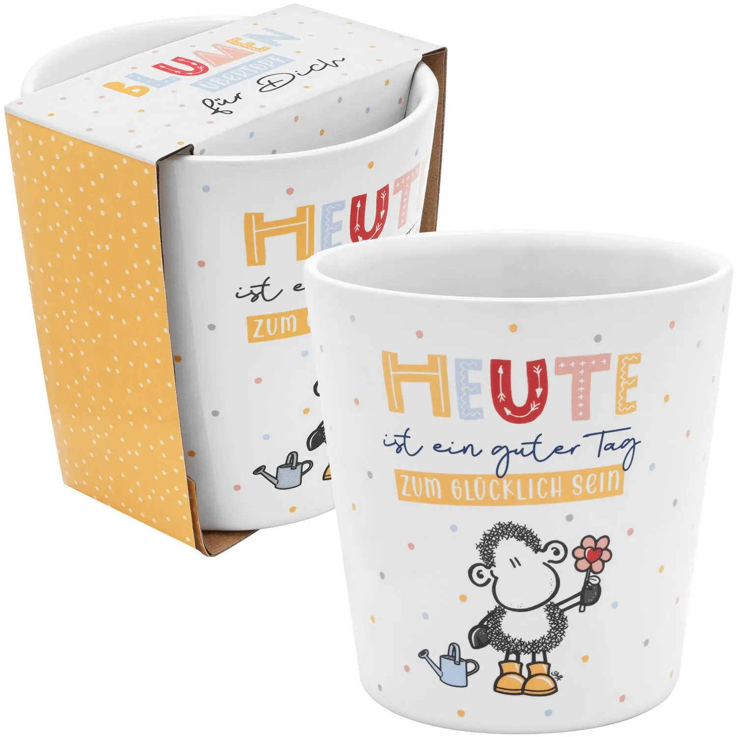 Weiße Keramik-Tasse mit Schäfchen-Motiv und Pastellkonfetti