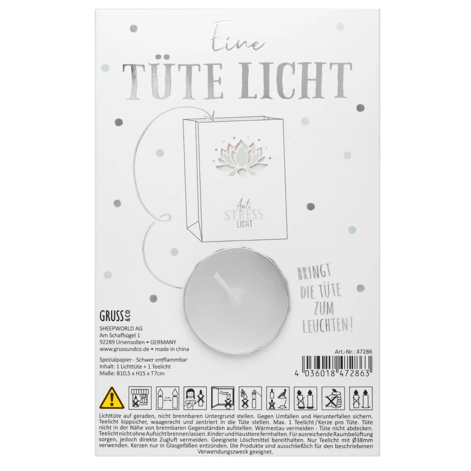 Weiße Lichttüte mit Lotusmotiv und Teelicht, schwer entflammbares Papier