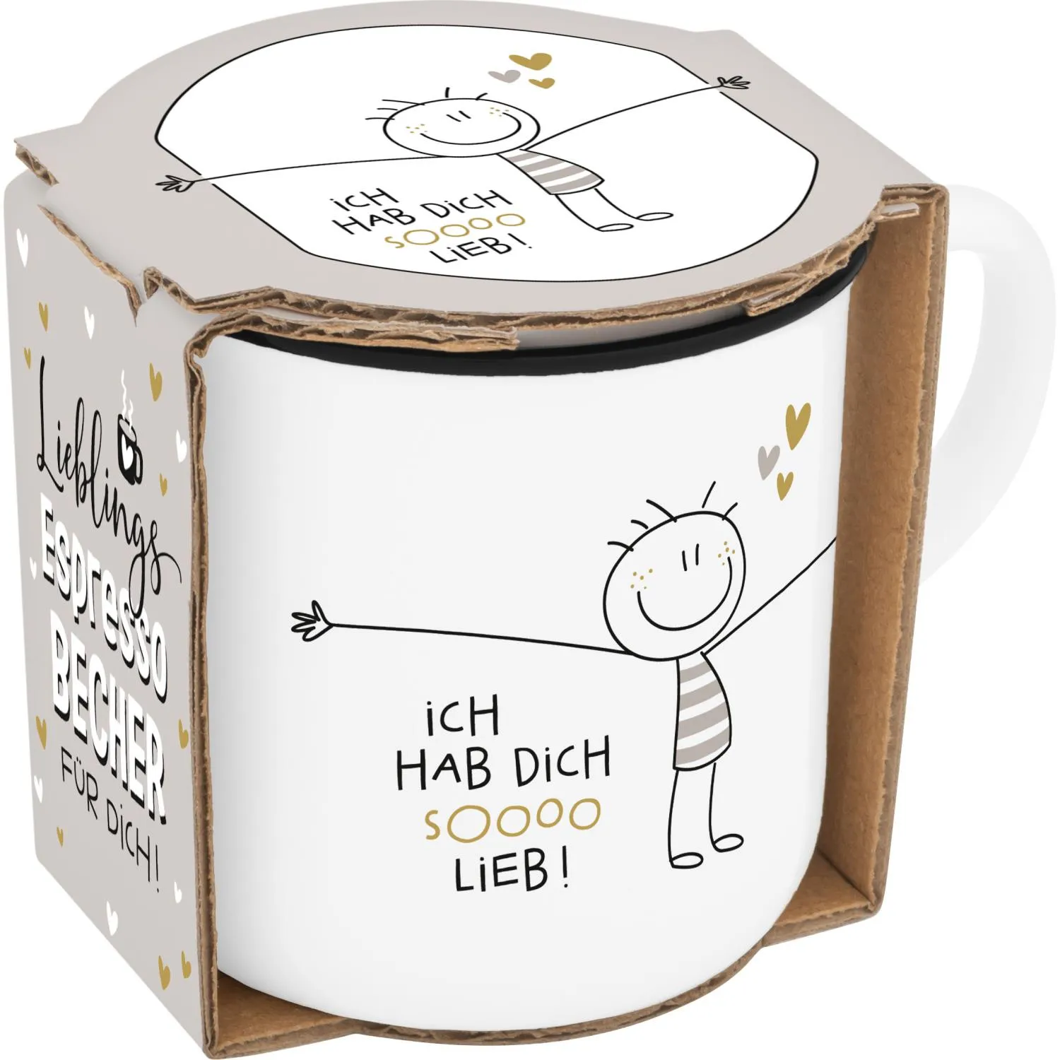 Weißer Espressobecher aus Porzellan mit Strichmännchen-Motiv und goldenen Herzen – Liebesgeschenk