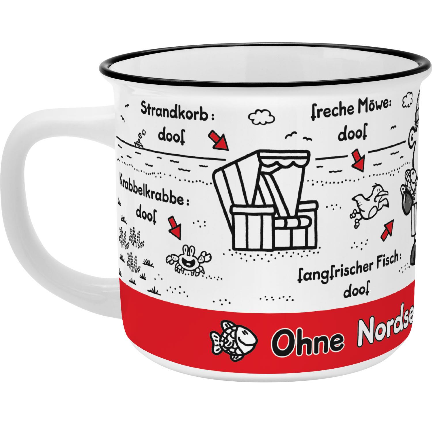 Weiße Sheepworld-Tasse mit Strandkorb-Dessin und roter Bordüre – Ohne Nordsee ist alles doof