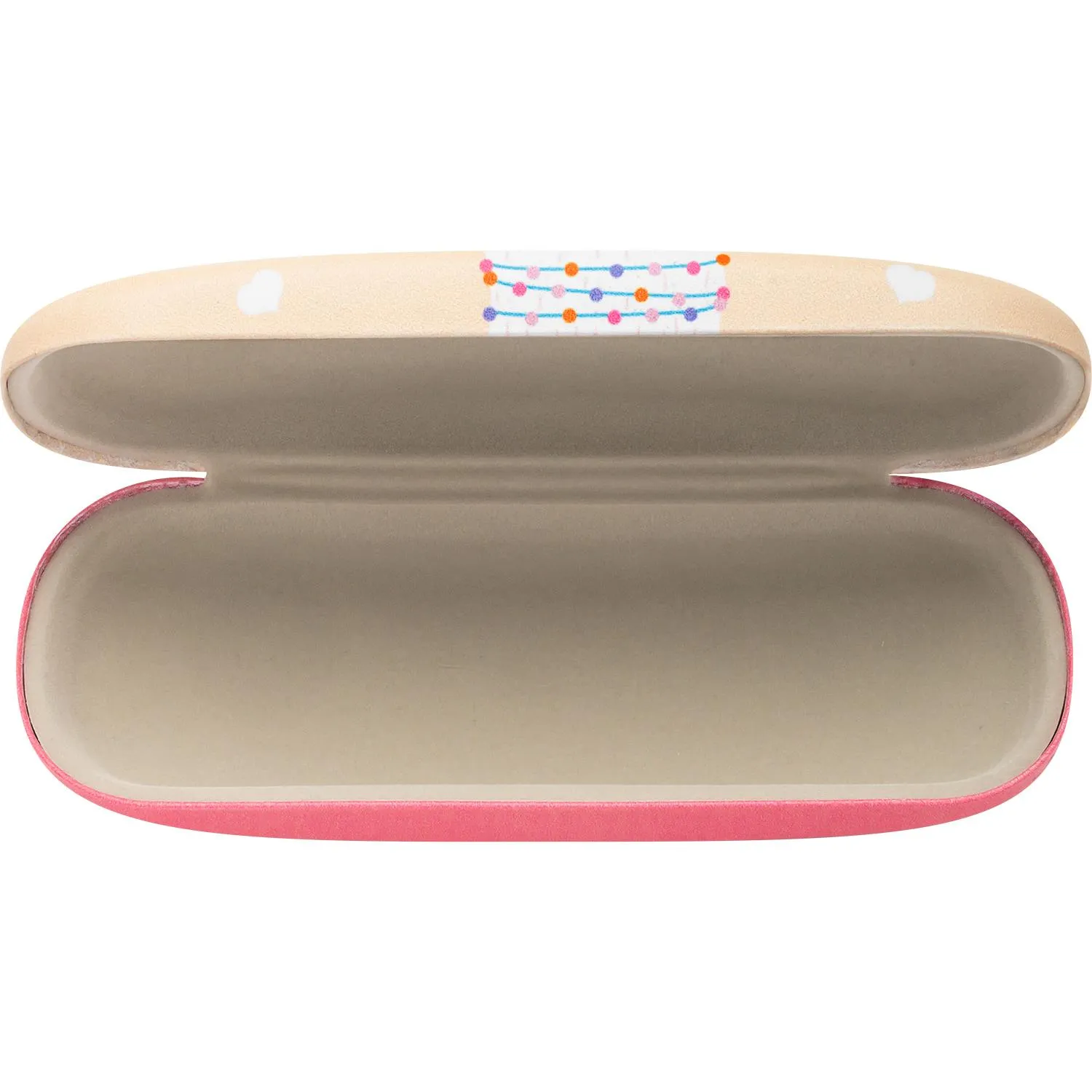 Offenes rosa Brillenetui aus Kunststoff mit pastellem Muster und samtigem Innenfutter