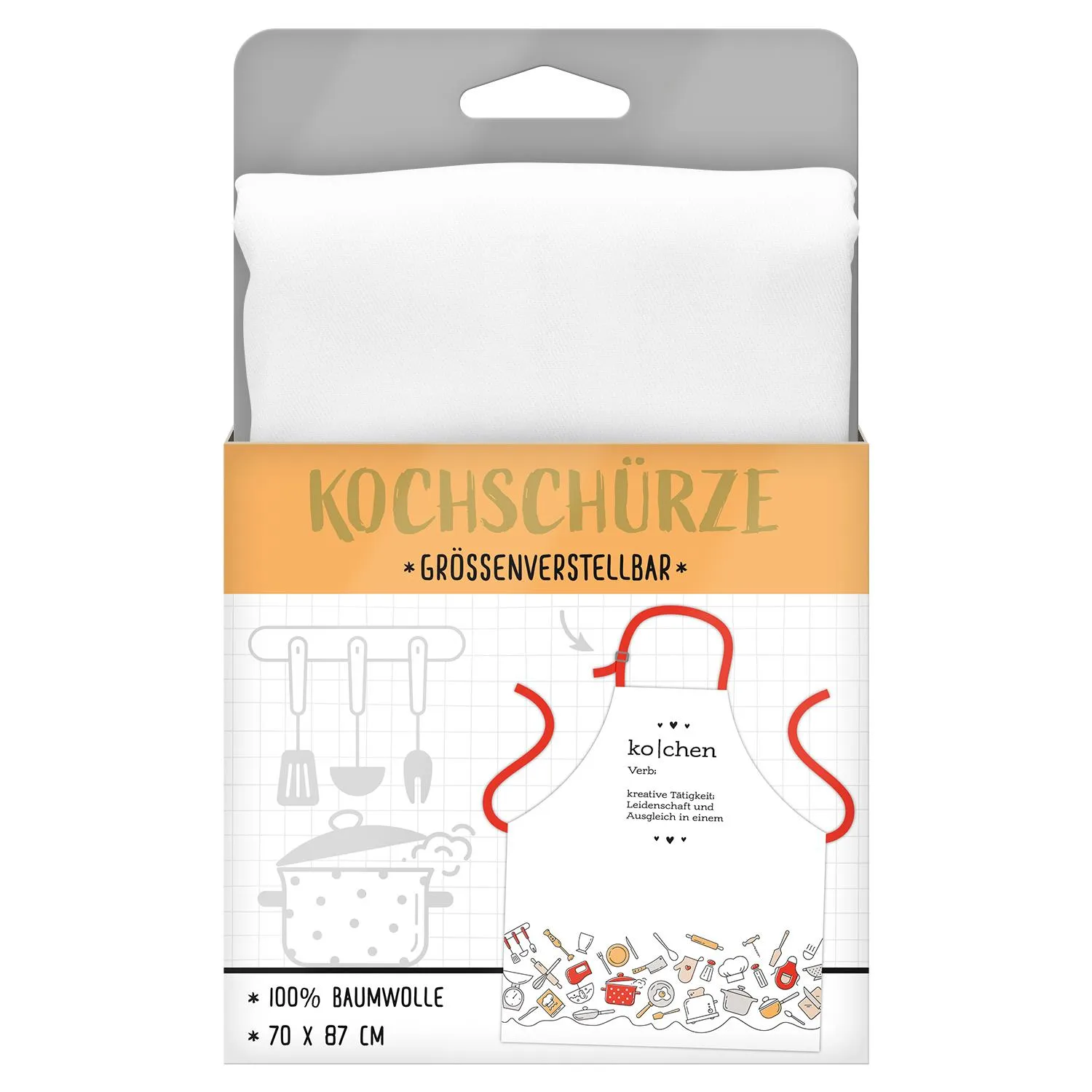 Weiße Baumwollschürze mit rotem Trägerband und Küchenmotiven am unteren Rand