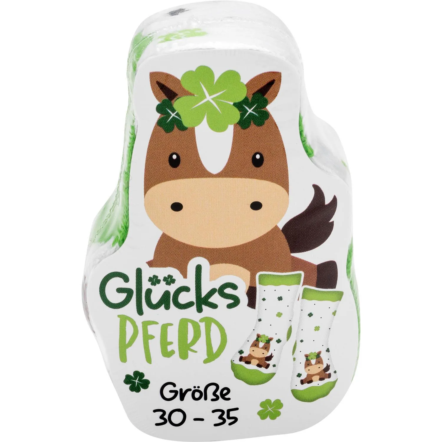 Weißes Zaubersocken-Pferd mit Kleeblättern, Größe 30–35.
