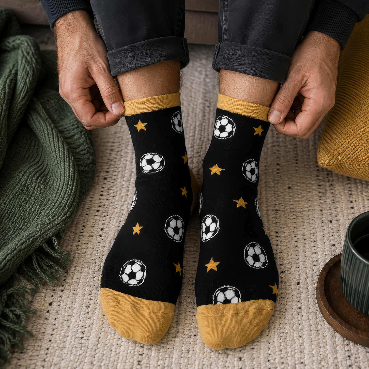 Schwarze Zaubersocken mit Fußballmotiven und gelbem Bündchen.