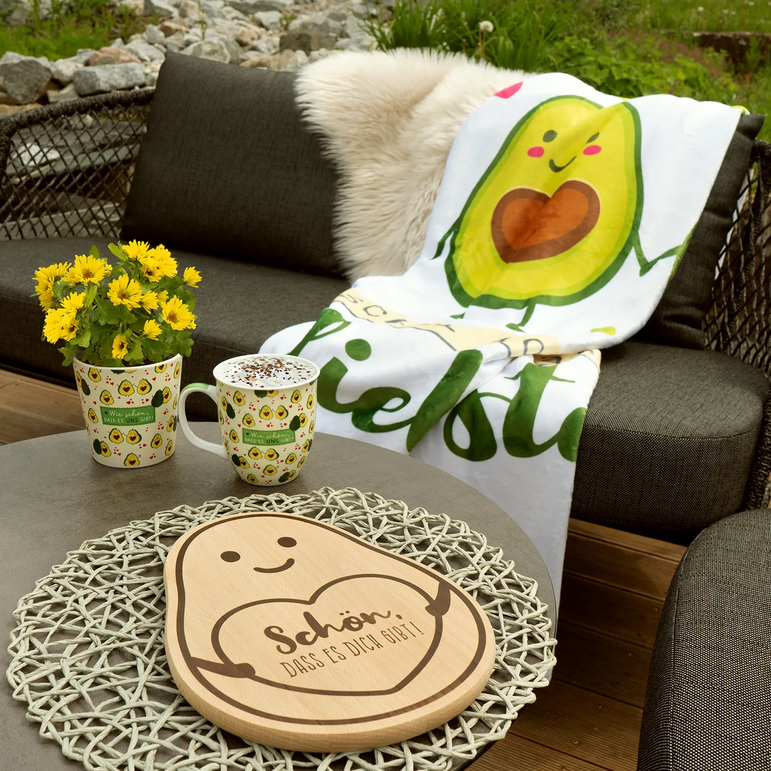 Weißer Steinzeug-Blumenübertopf Avocado-Motiv, 10,5 cm hoch, 10 cm Durchmesser