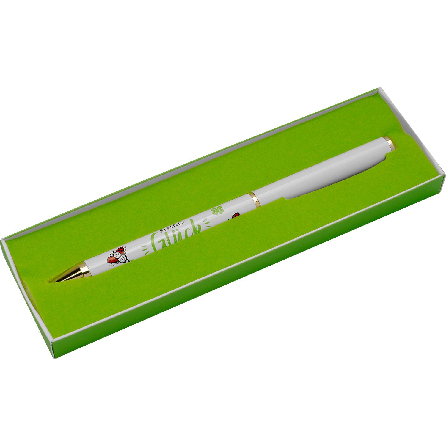 Weiße Kugelschreiber Glück in grüner Geschenkbox mit Kleeblatt-Motiv
