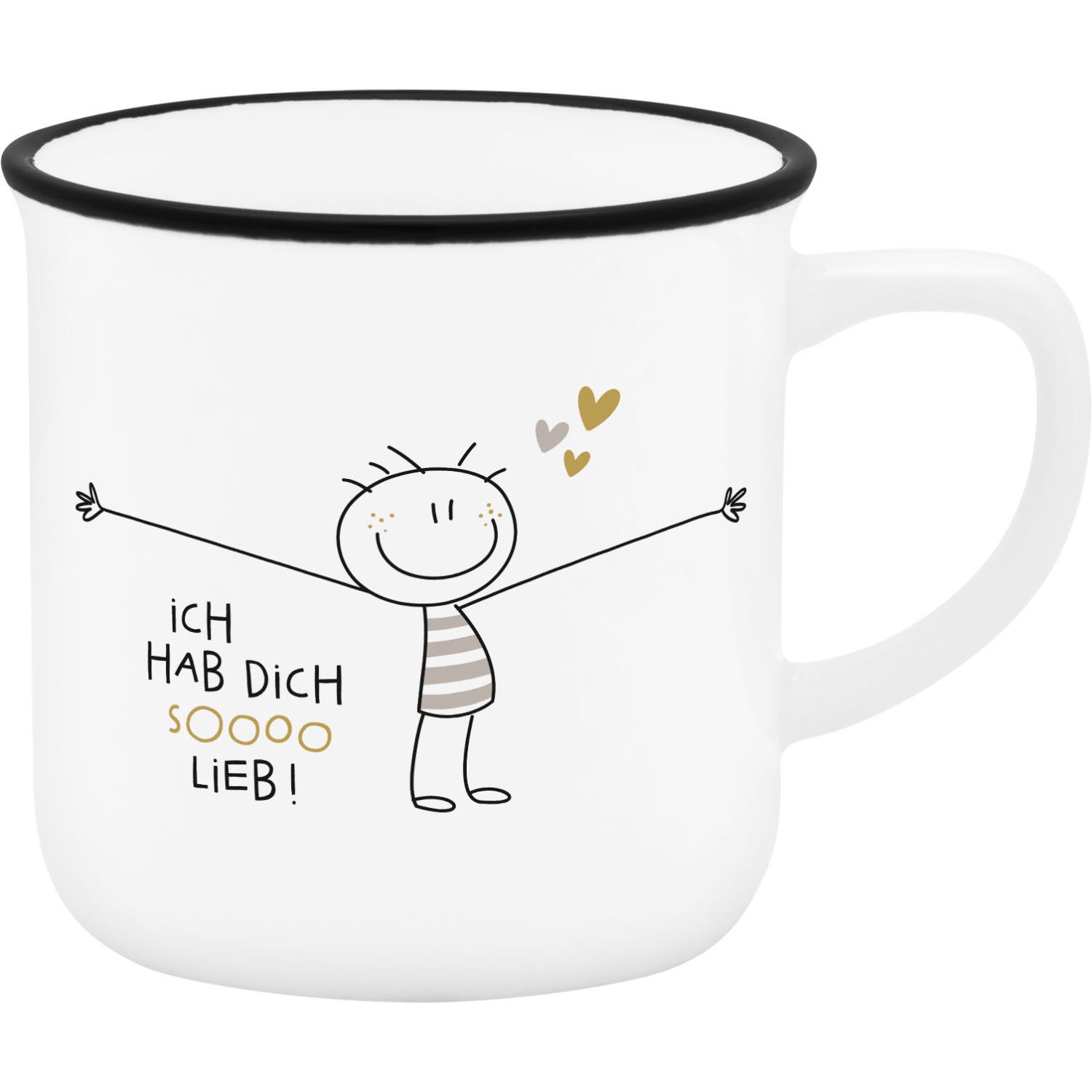 Weißer Espressobecher mit Strichmännchen-Motiv und goldenen Herzchen