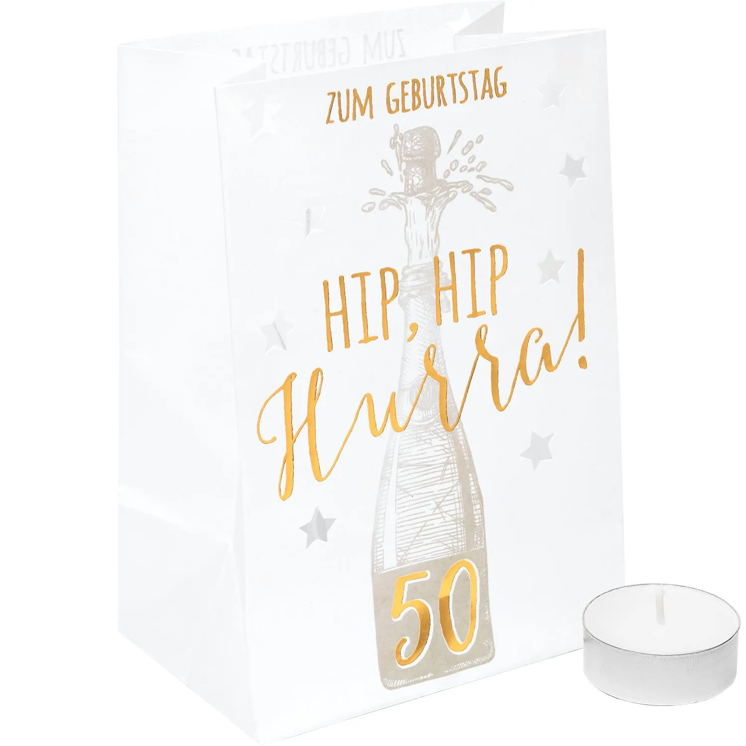 Weiße Lichttüte mit Champagnerflasche und Goldschrift 50, inkl. Teelicht