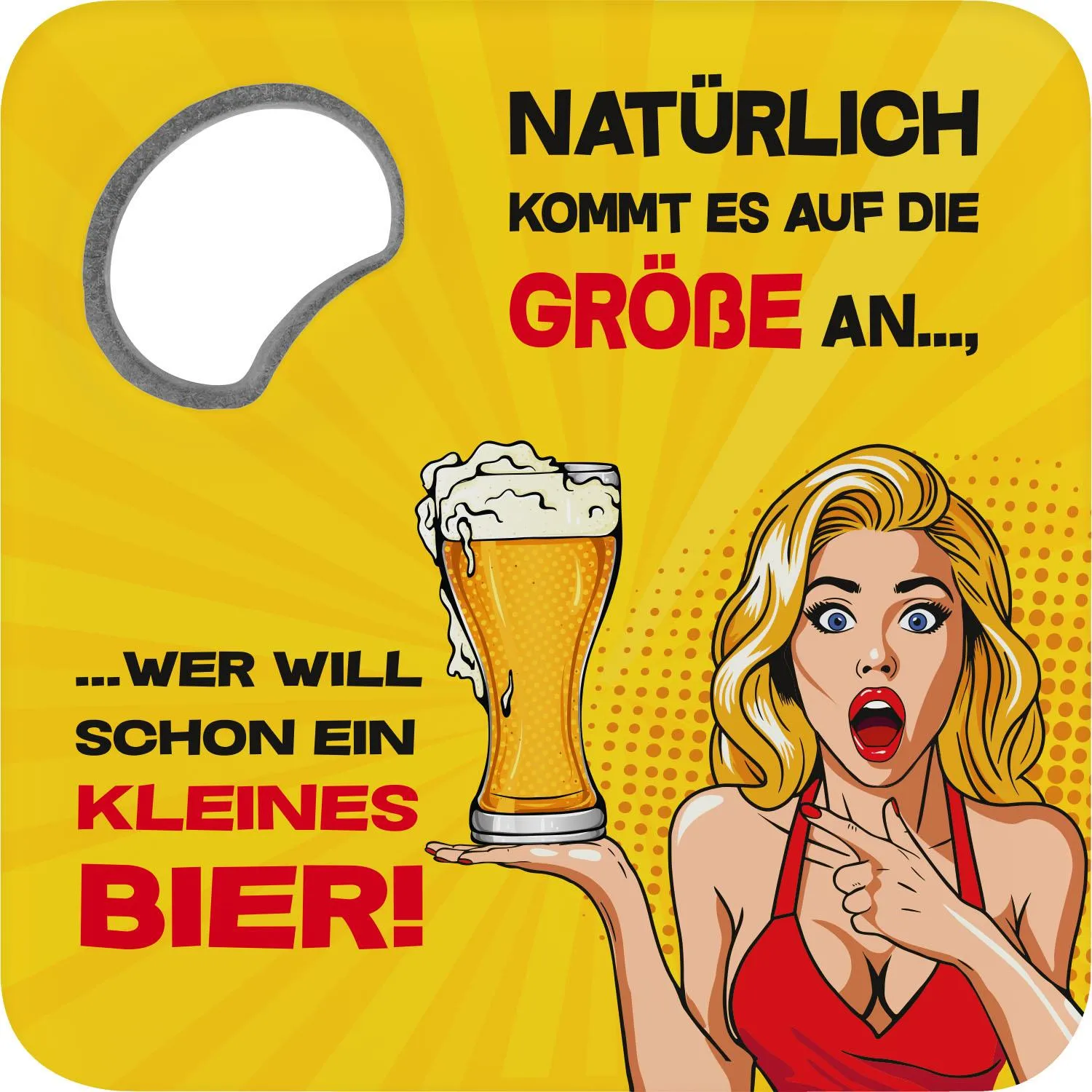 Untersetzer mit integriertem Flaschenöffner, gelb, Pop-Art-Motiv mit Bierglas