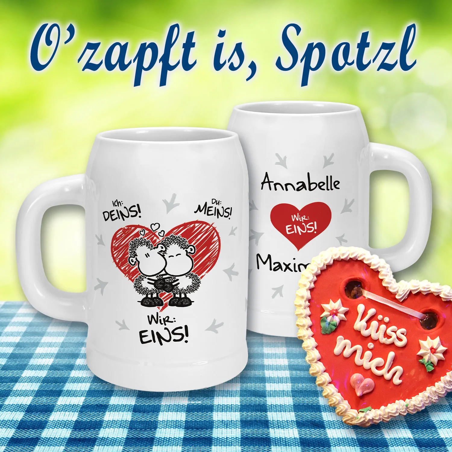 Personalisierbarer Keramik-Bierkrug fürs Paar mit rotem Herzmotiv, Namensdruck, 500 ml