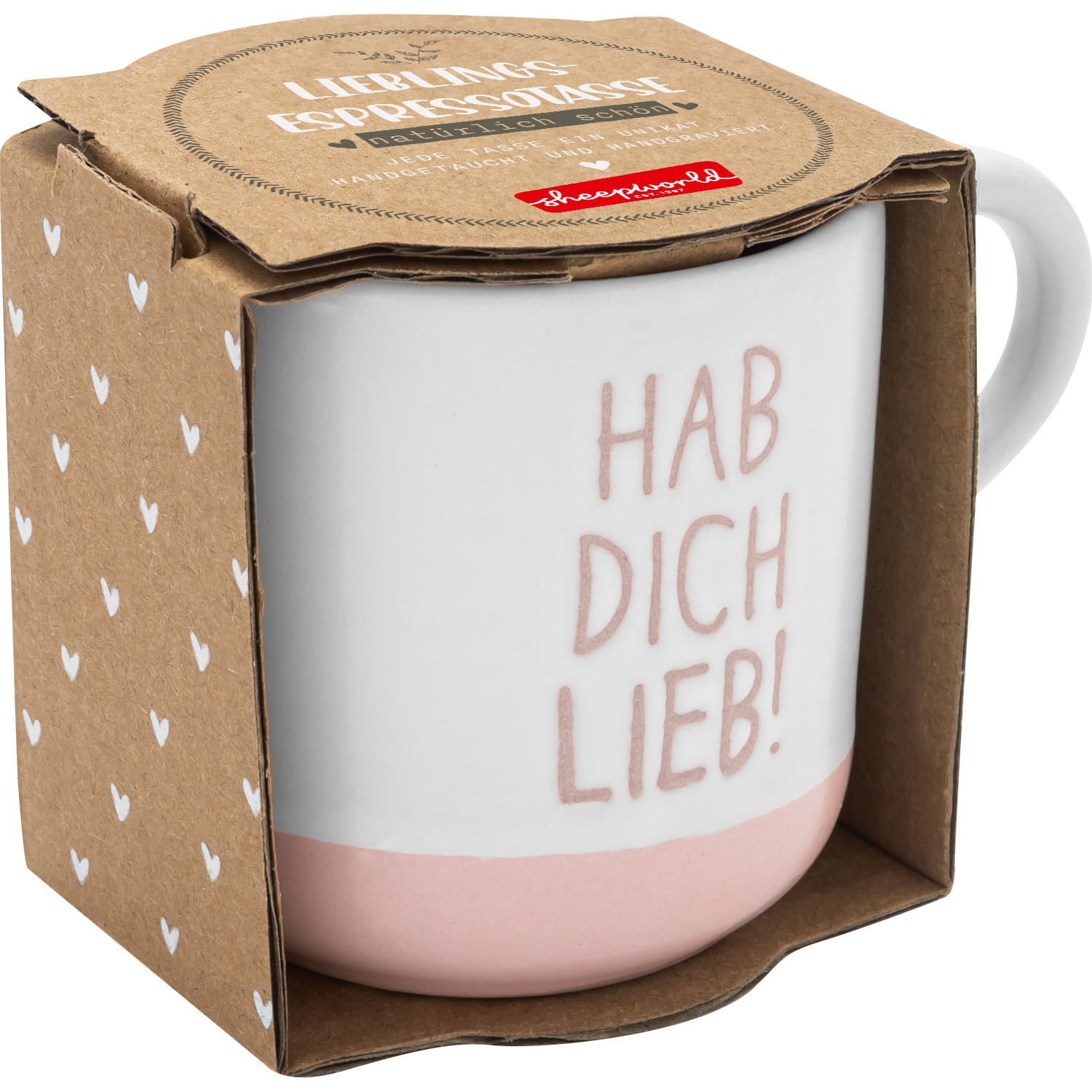 Weiße Espressotasse mit rosa Gravur 'Hab dich lieb' und rosa Boden