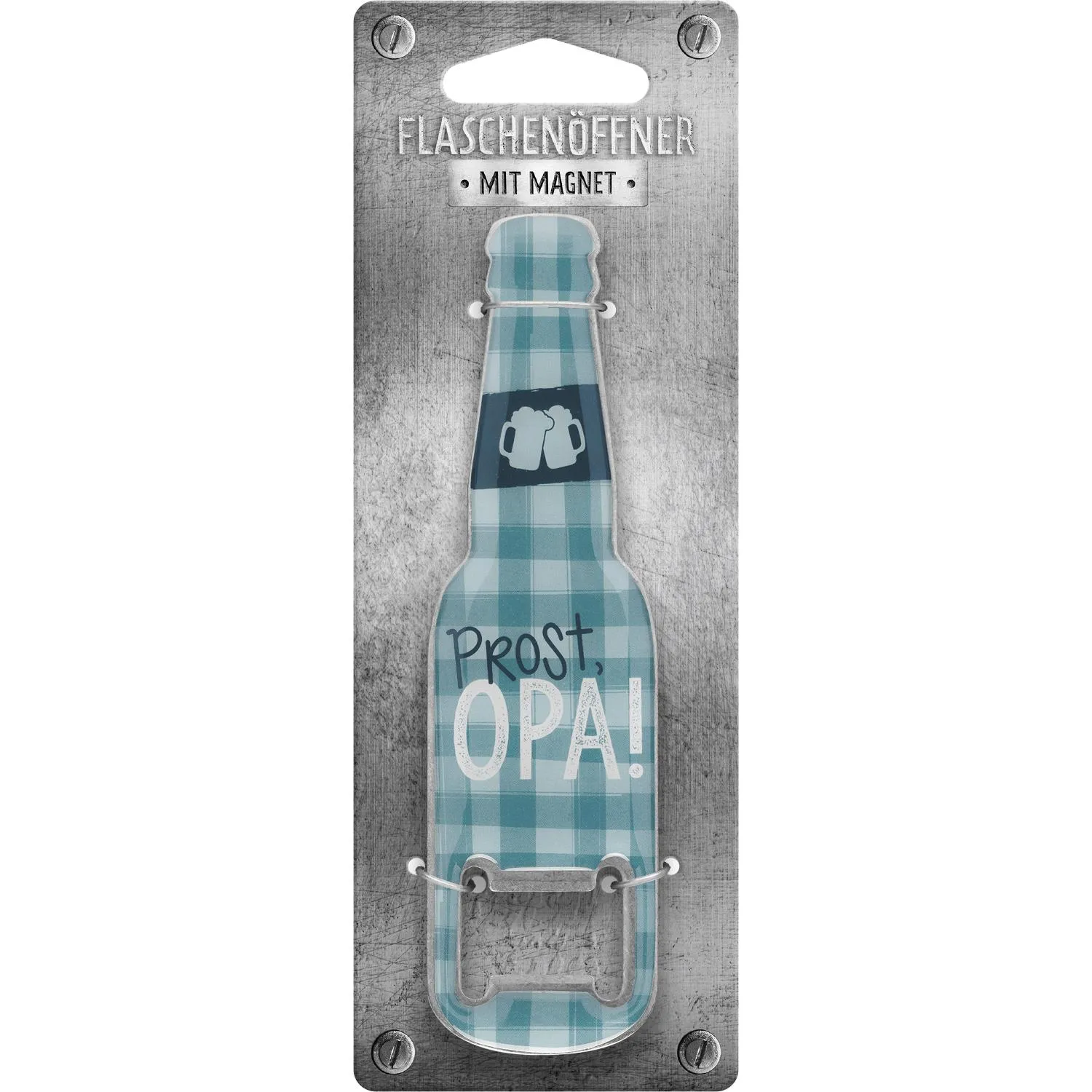Flaschenöffner in Flaschenform mit Karo-Design und Magnet – Prost Opa!