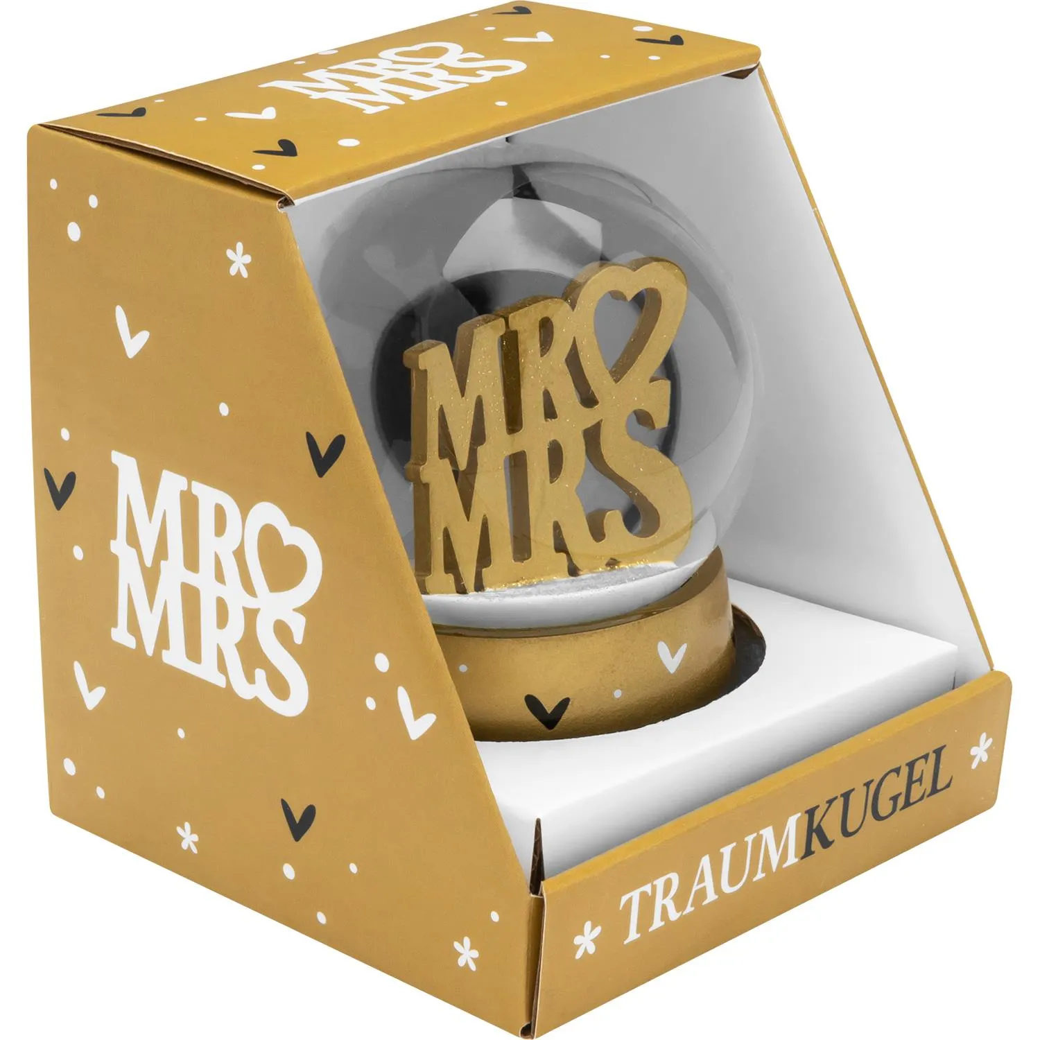 Traumkugel aus Glas mit goldenem MR & MRS Schriftzug in Geschenkbox