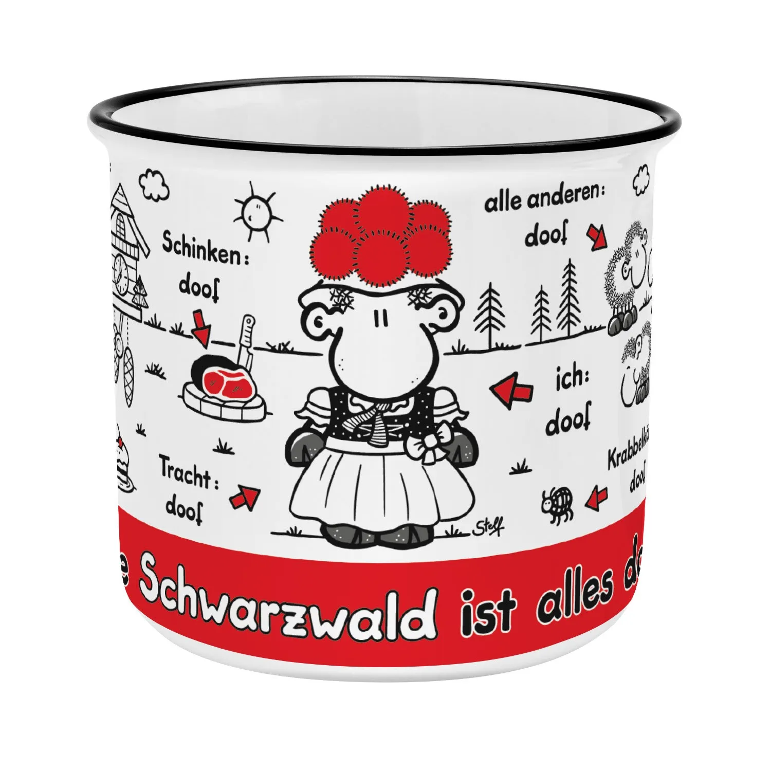 Weiße Tasse mit Cartoon-Schaf, rotem Rand und Schriftzug 'Schwarzwald ist alles doof'.