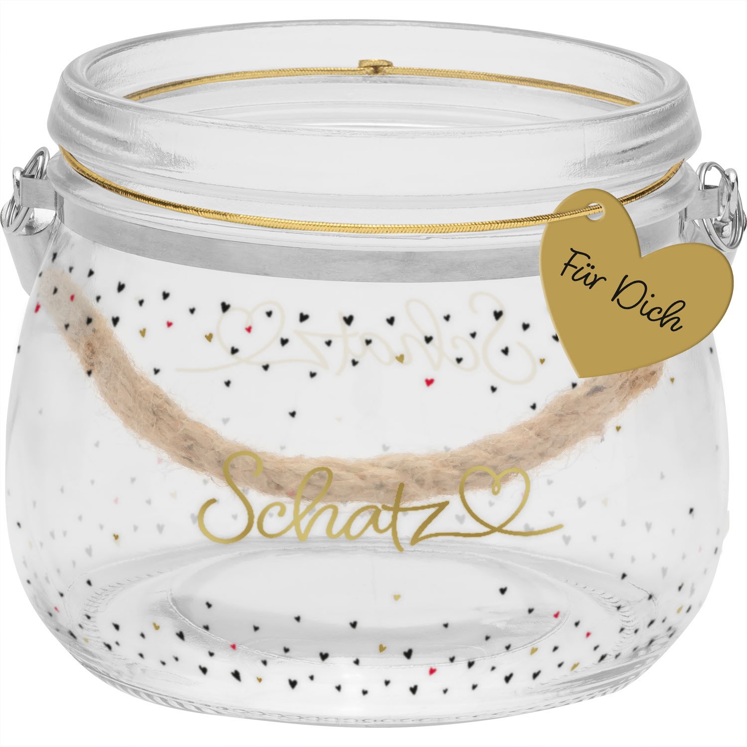 Glas-Windlicht mit Schatz-Schriftzug, Jute-Henkel und Herzanhänger.