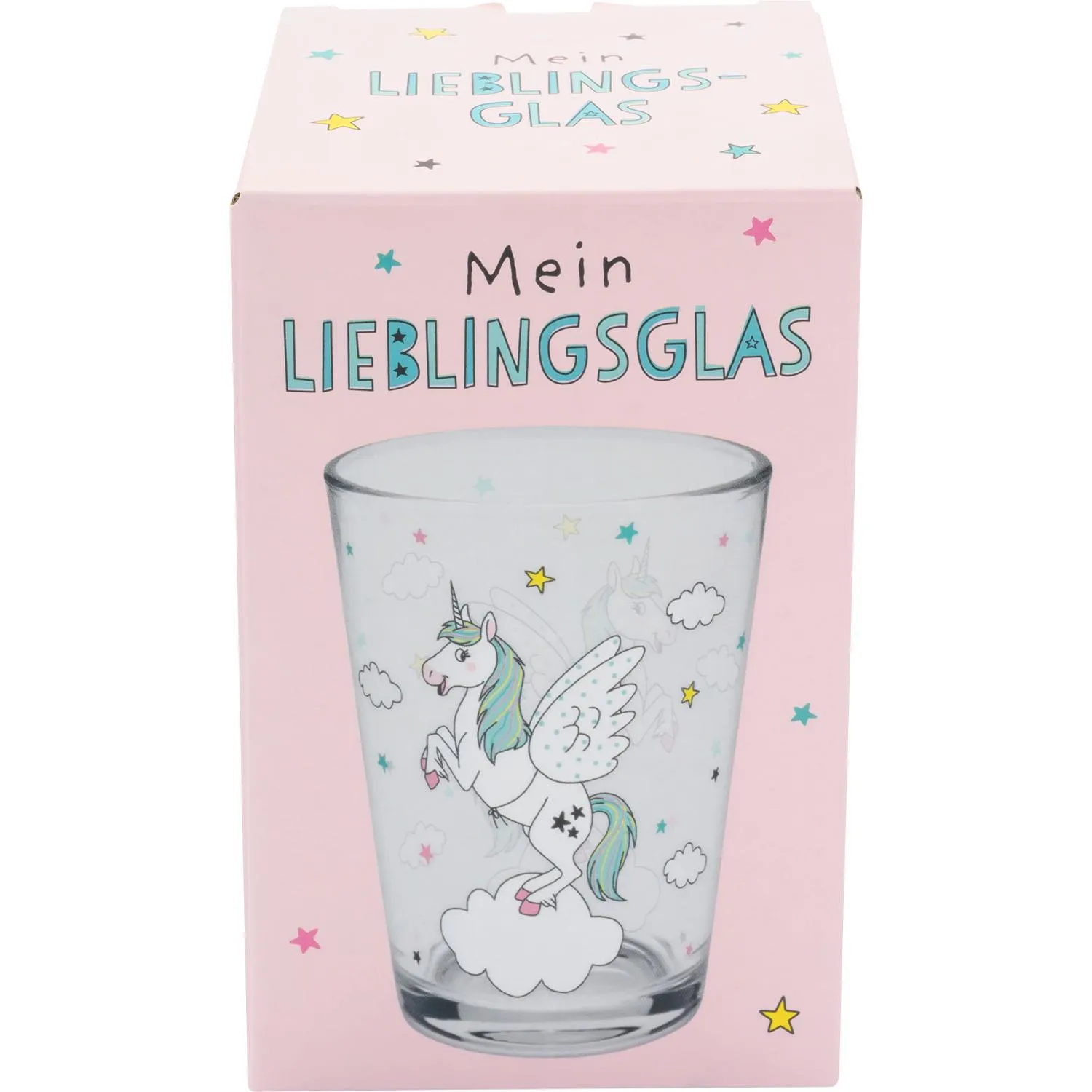 Trinkglas Einhorn mit pastellfarbener Gestaltung und Geschenkbox