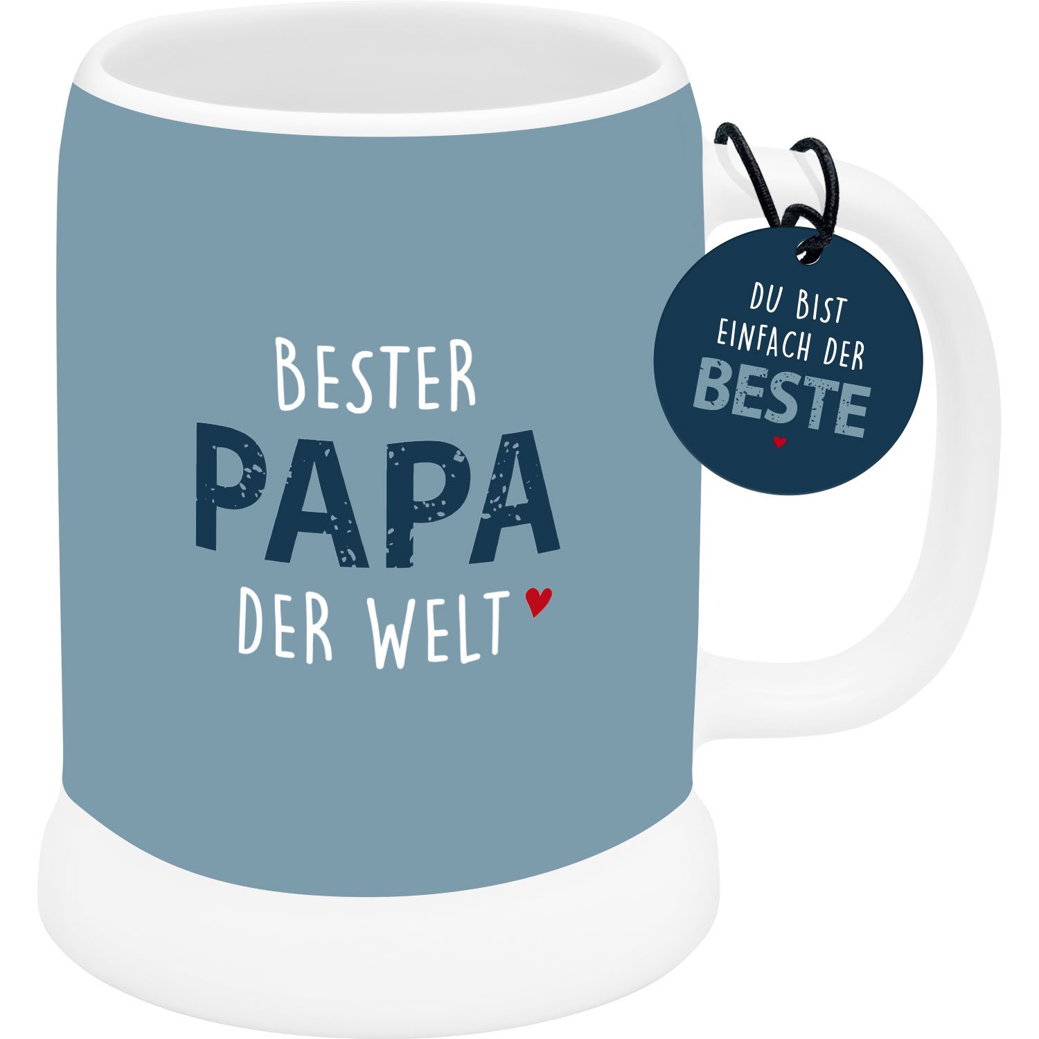 Blauer Keramik-Bierkrug mit Schriftzug 'BESTER PAPA DER WELT' und Anhänger