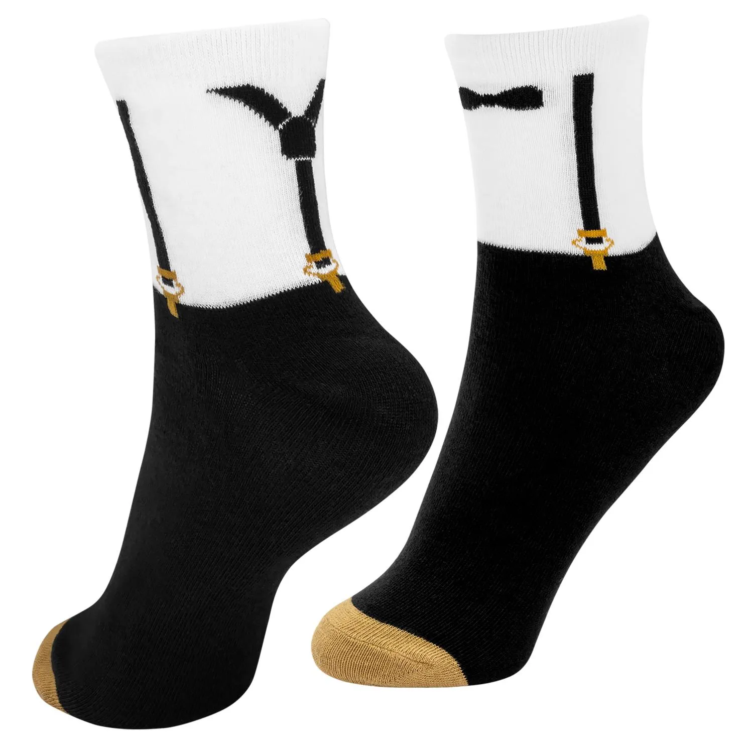 Zwei schwarze Zaubersocken im Hochzeits-Outfit-Design mit weißem Bündchen und goldenen Details.