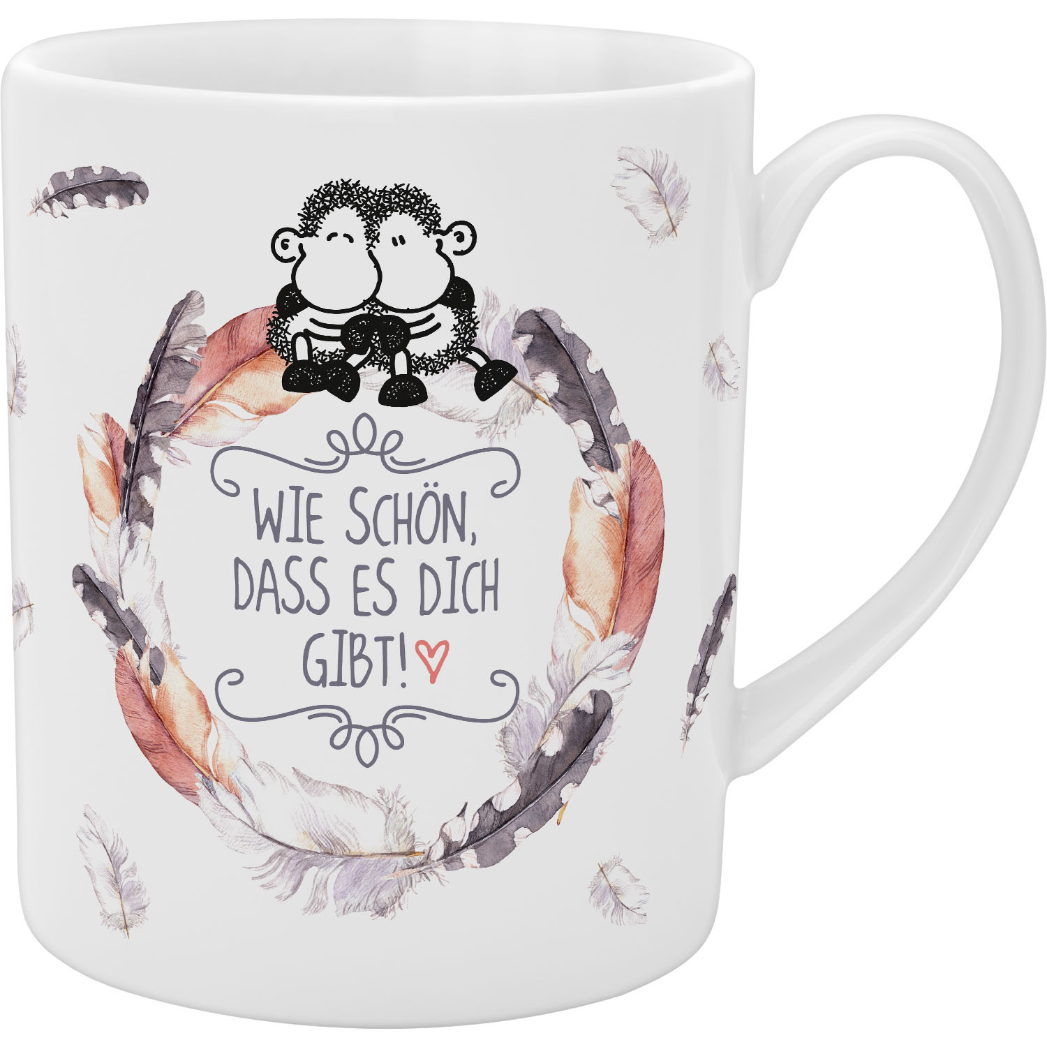 Weiße XL-Porzellan-Tasse mit zwei Schafen und dem Spruch Wie schön, dass es dich gibt!