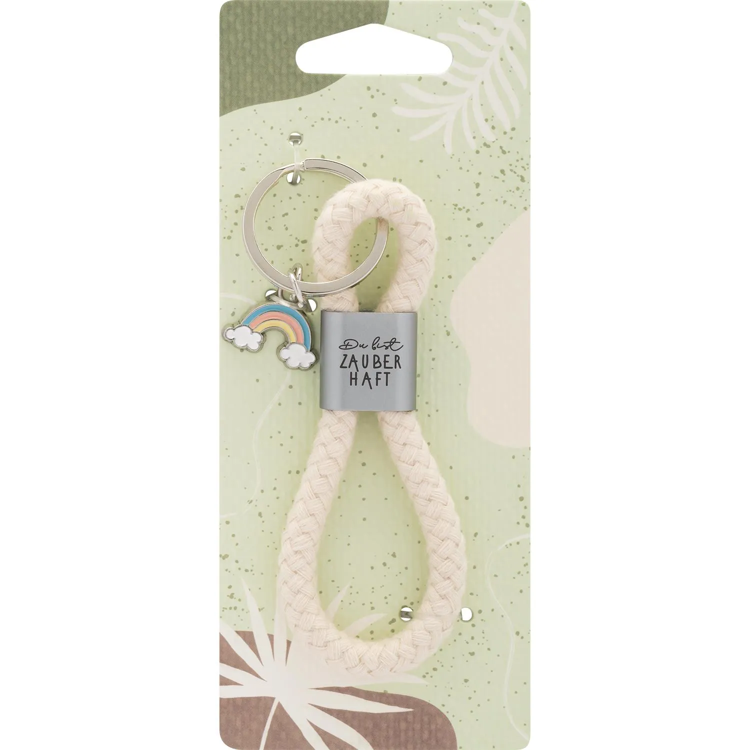 Beiger Schlüsselanhänger aus Baumwollkordel mit Regenbogen-Anhänger