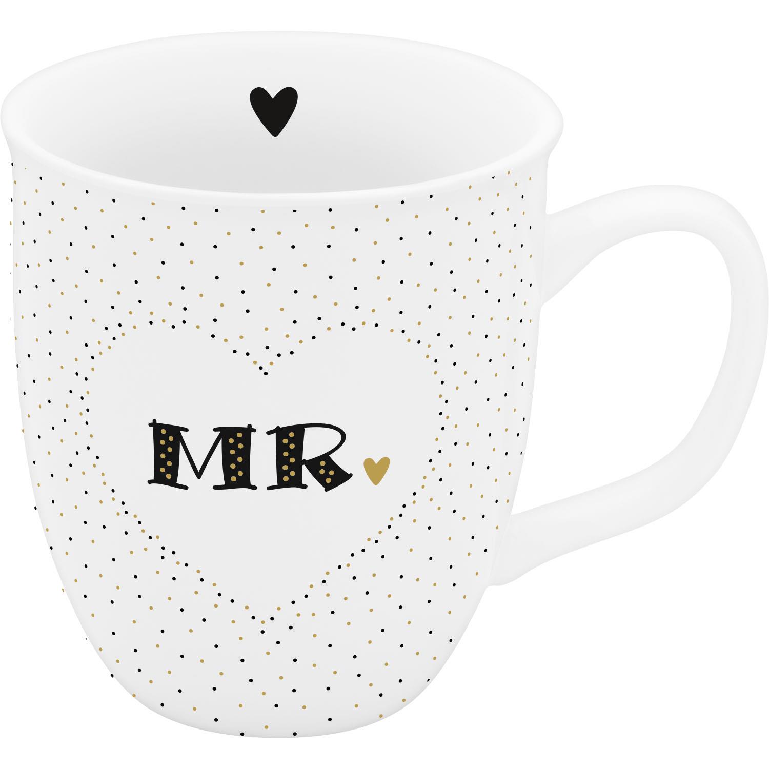 Weiße Espressotasse mit MR-Schriftzug, goldenen Tupfen und kleinem Herz – romantisches Paare-Geschenk.
