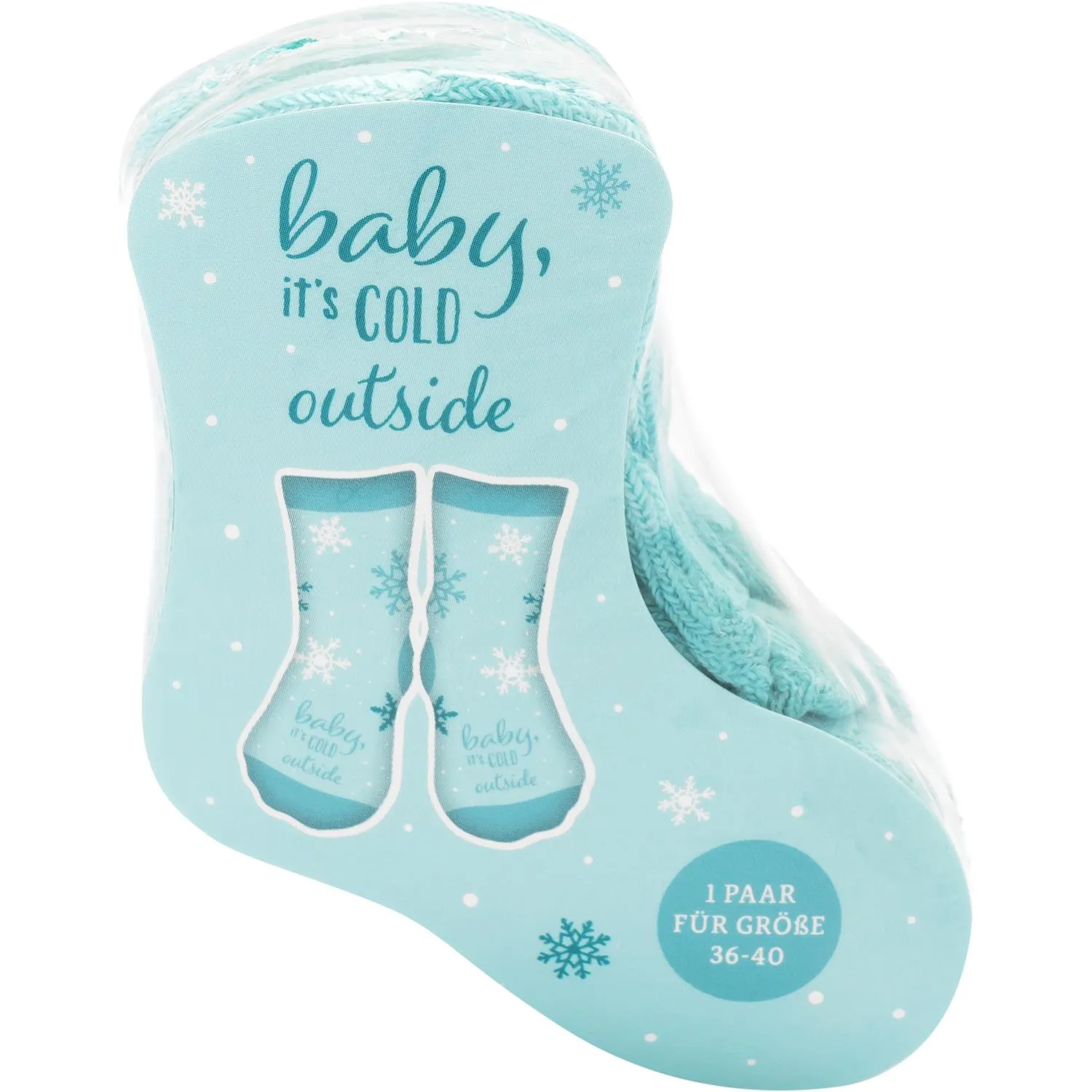 Mint-türkises Zaubersocken-Paar mit Schneeflocken und Spruch baby, it's cold outside