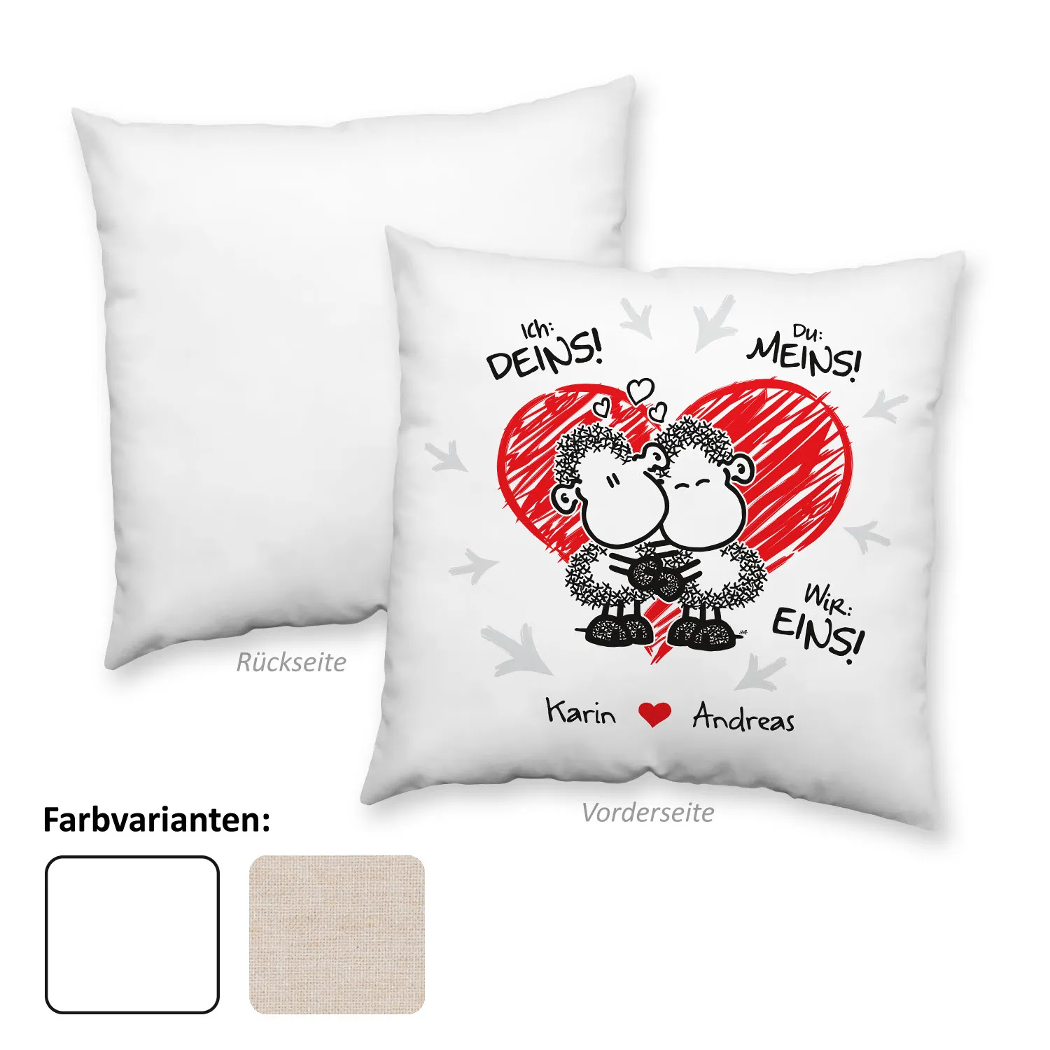 Weißes Valentins-Kissen mit zwei Schafen vor rotem Herz, personalisiert mit Namen