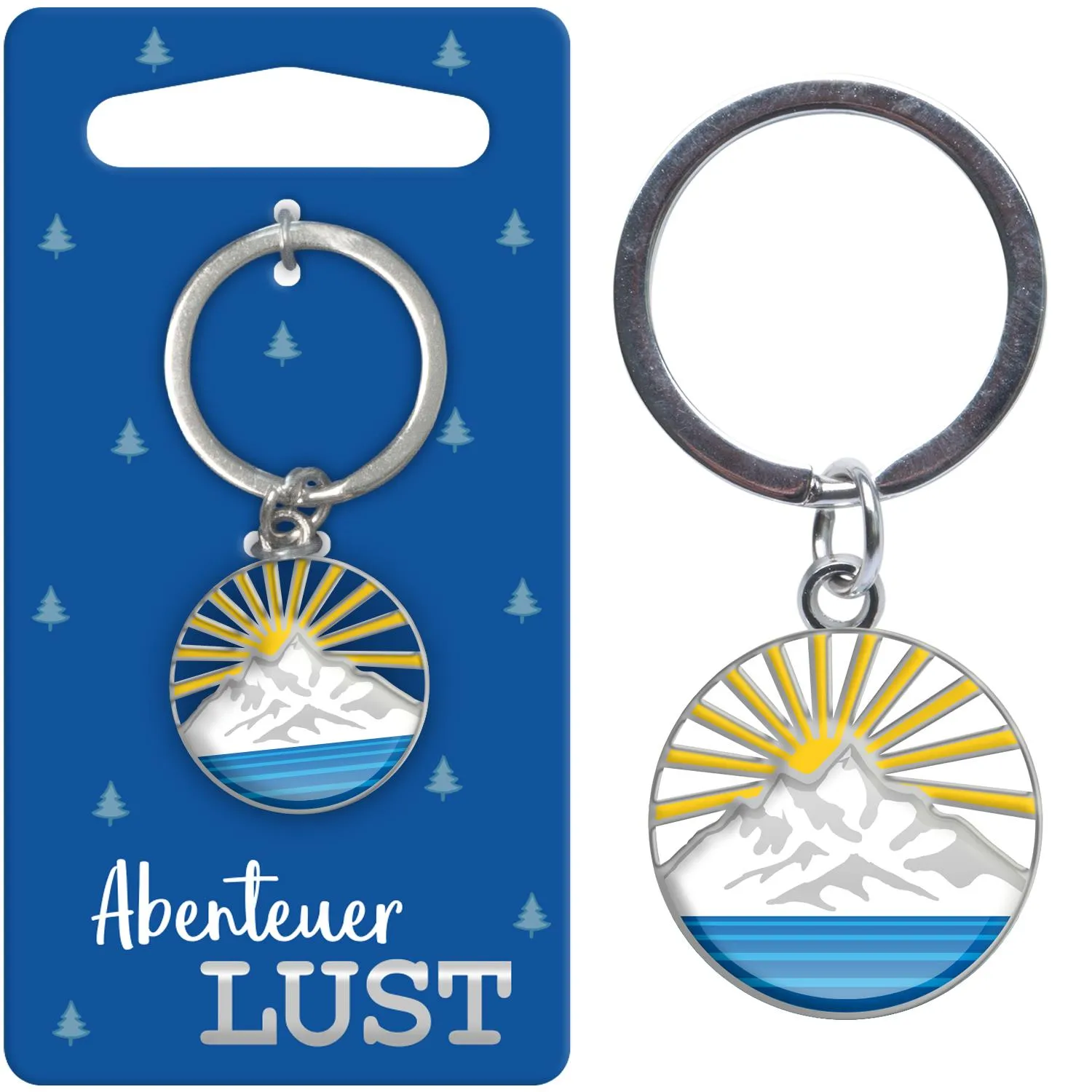Mini-Schlüsselanhänger »Abenteuer Lust« mit Bergmotiv, Sonnenaufgang und blauem Wasser.