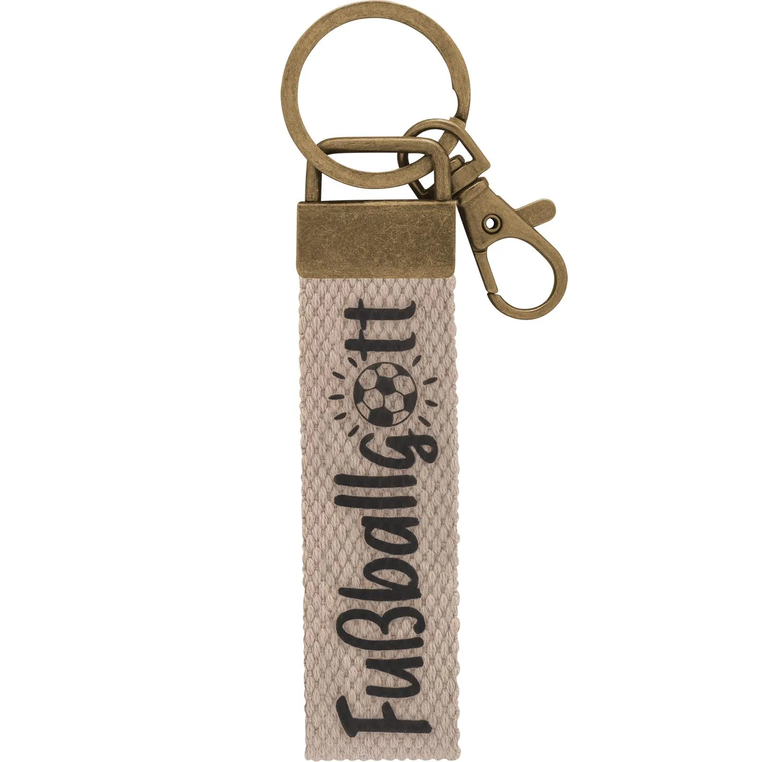 Beiger Canvas-Schlüsselanhänger mit Fußball-Motiv und Messing-Haken