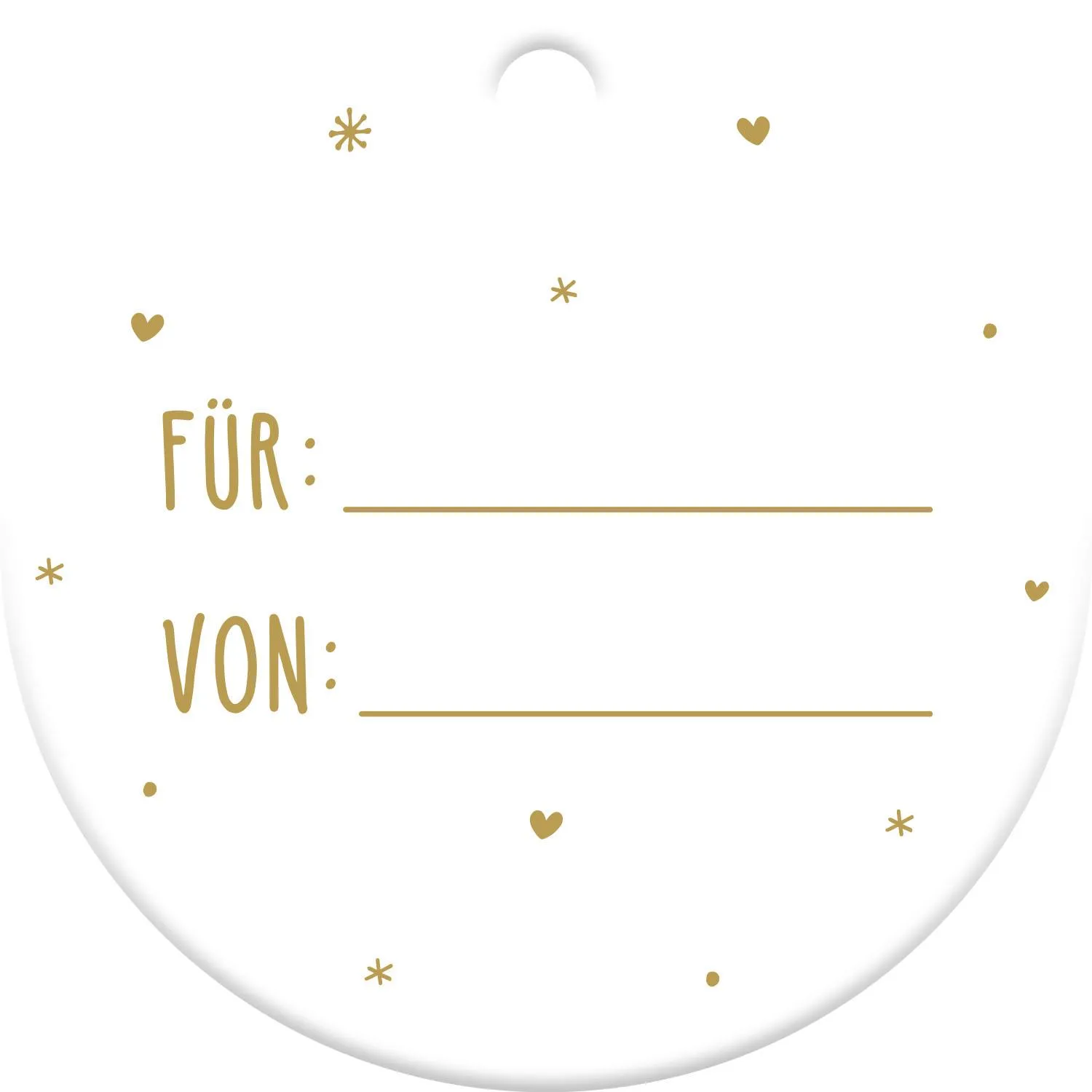 Weißer Geschenkanhänger mit goldenen 'FÜR:'/'VON:'-Feldern und Dekor