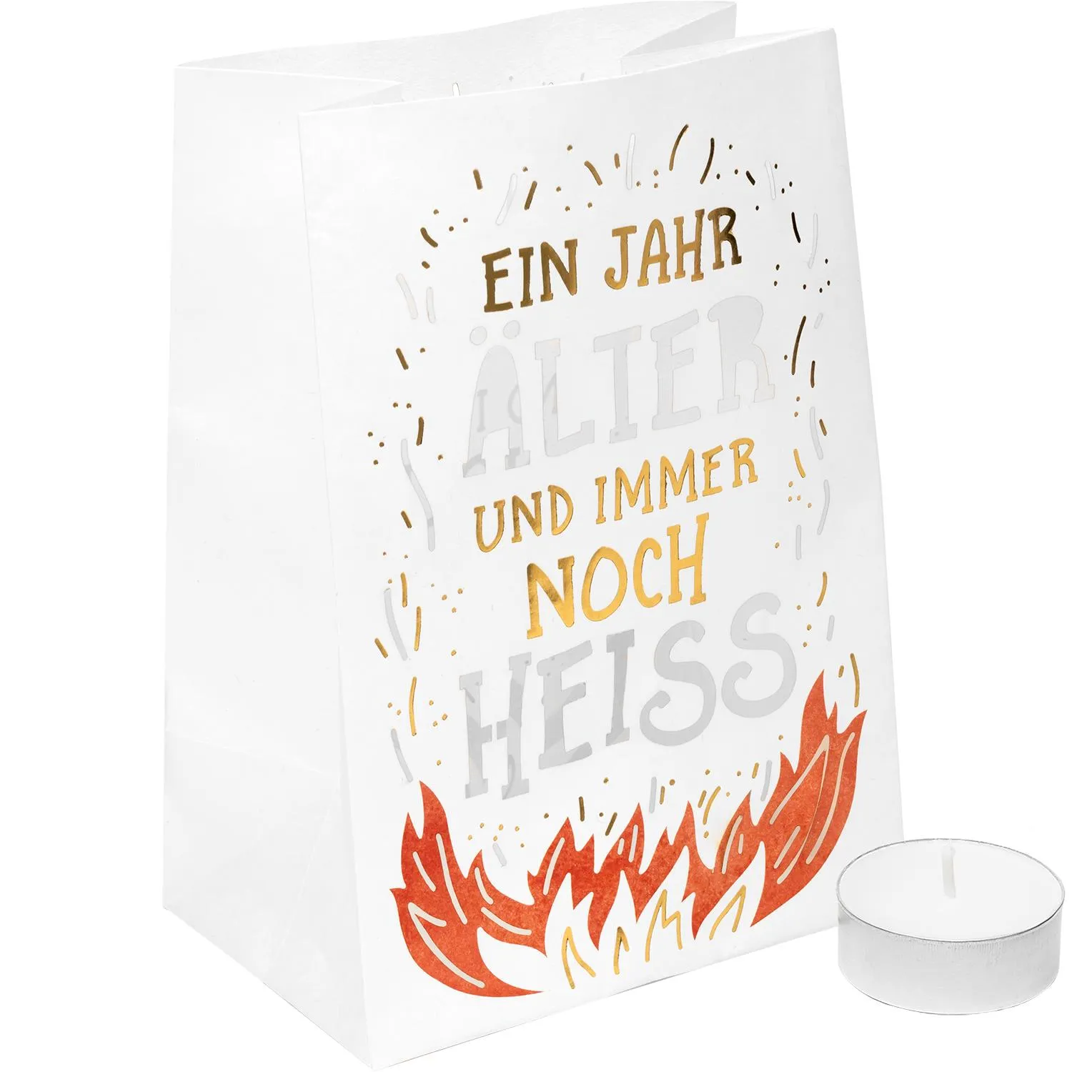 Weiße Lichttüte mit goldenem Schriftzug und Flammenmotiv, inkl. Teelicht.
