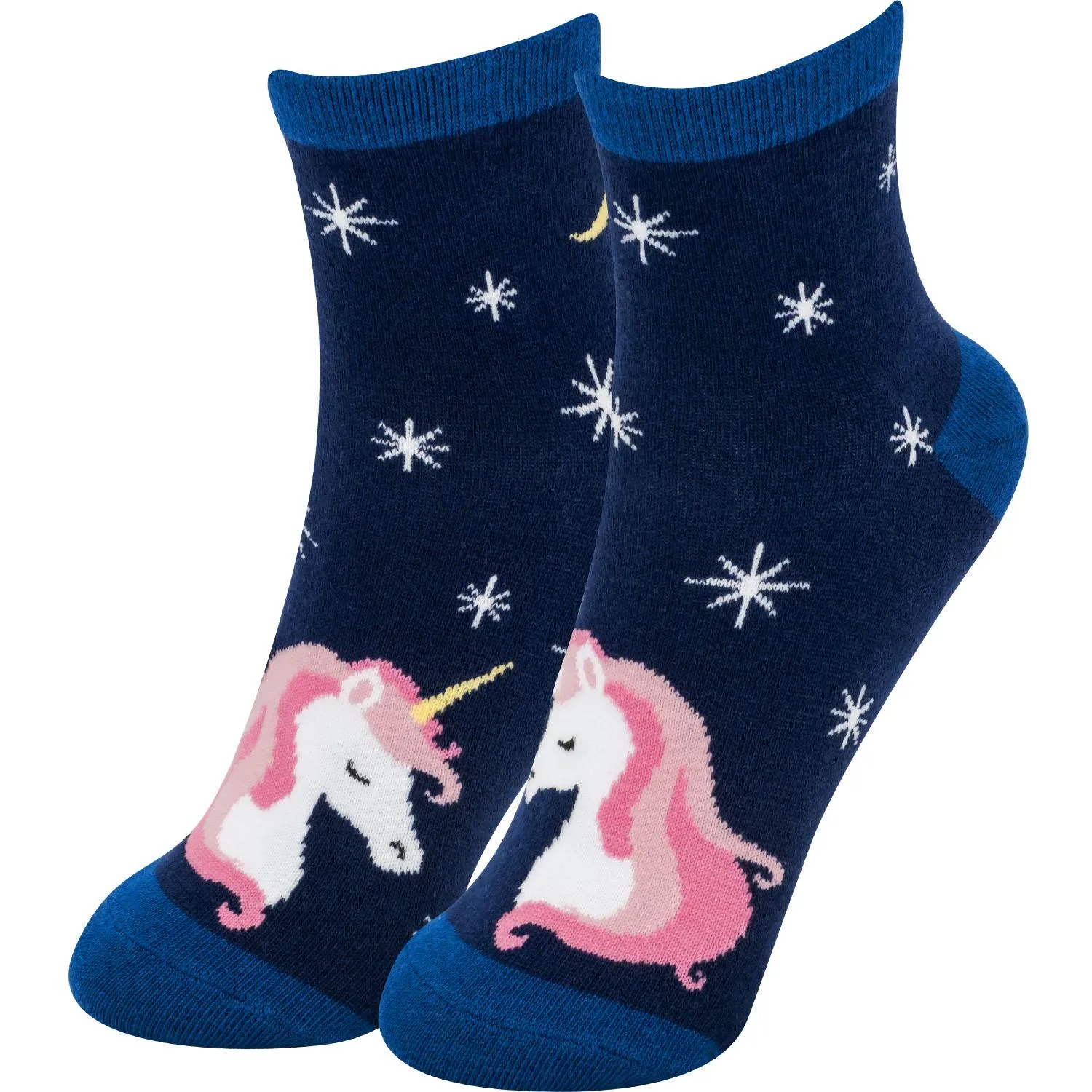 Dunkelblaue Zauber-Socken mit Einhorn-Motiv, pinkem Horn und Sternchen.