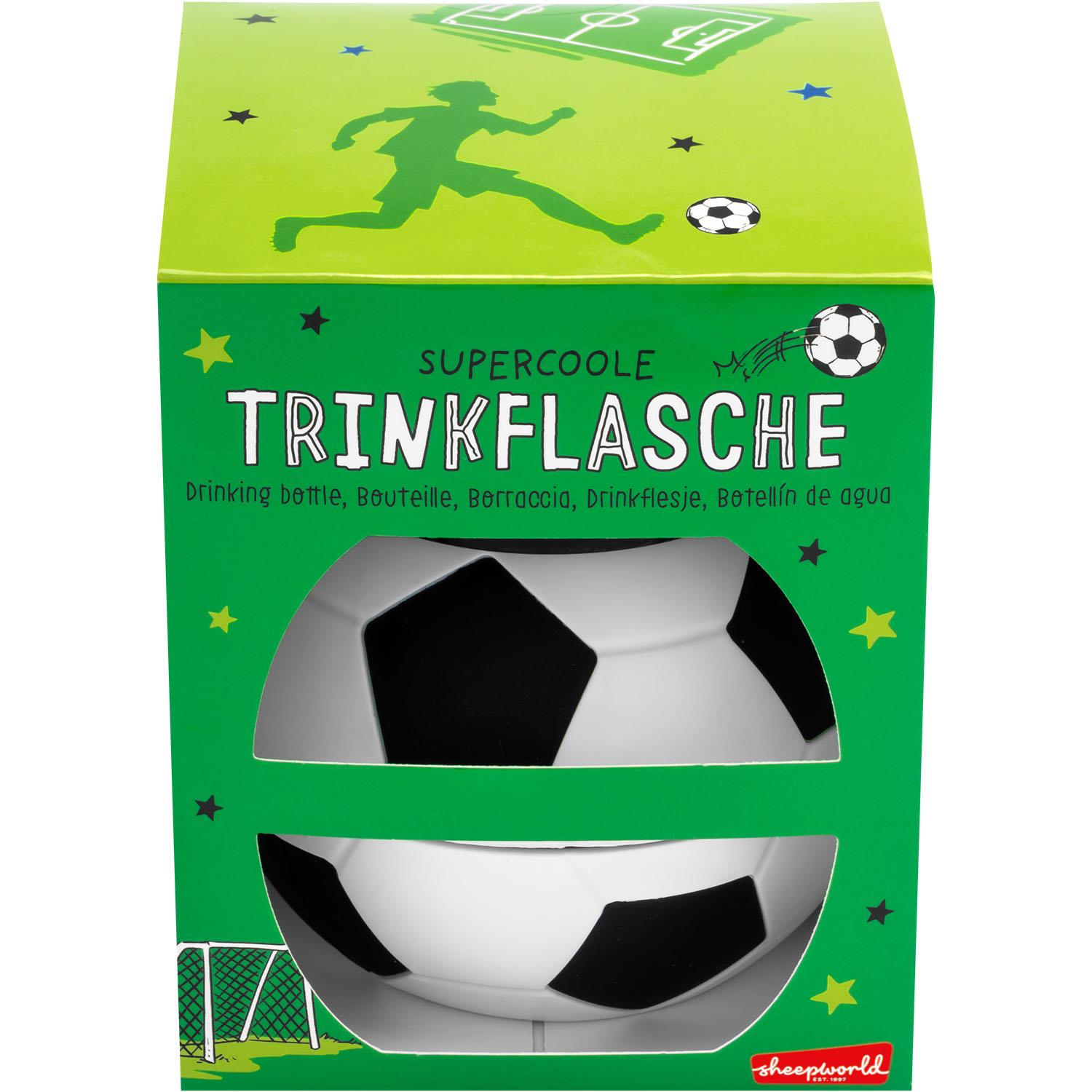 Fußball-Trinkflasche in grünem Geschenkkarton mit Sichtfenster