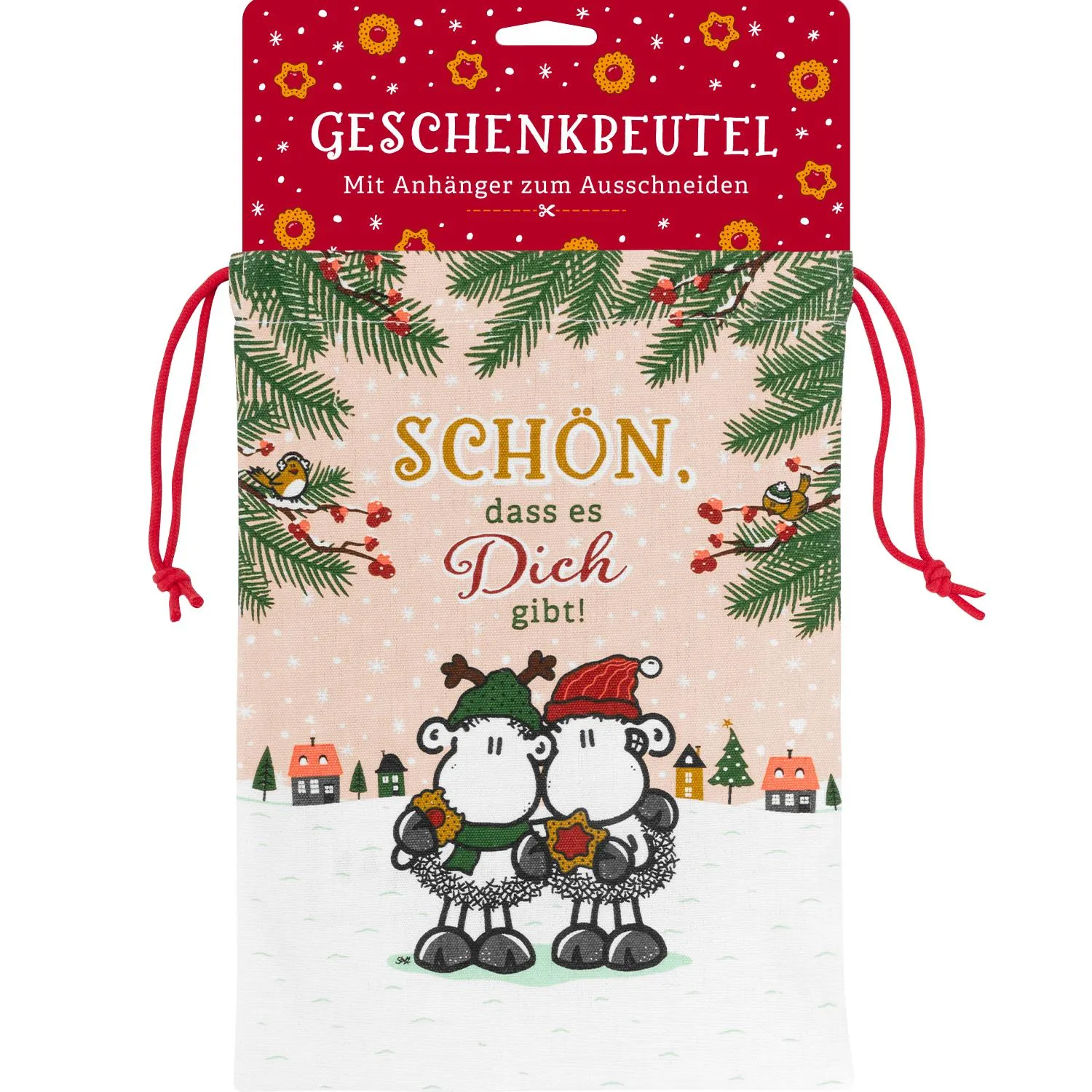 Weihnachtlicher Geschenkebeutel mit zwei Schafen im Winter vor einer Häuserzeile.