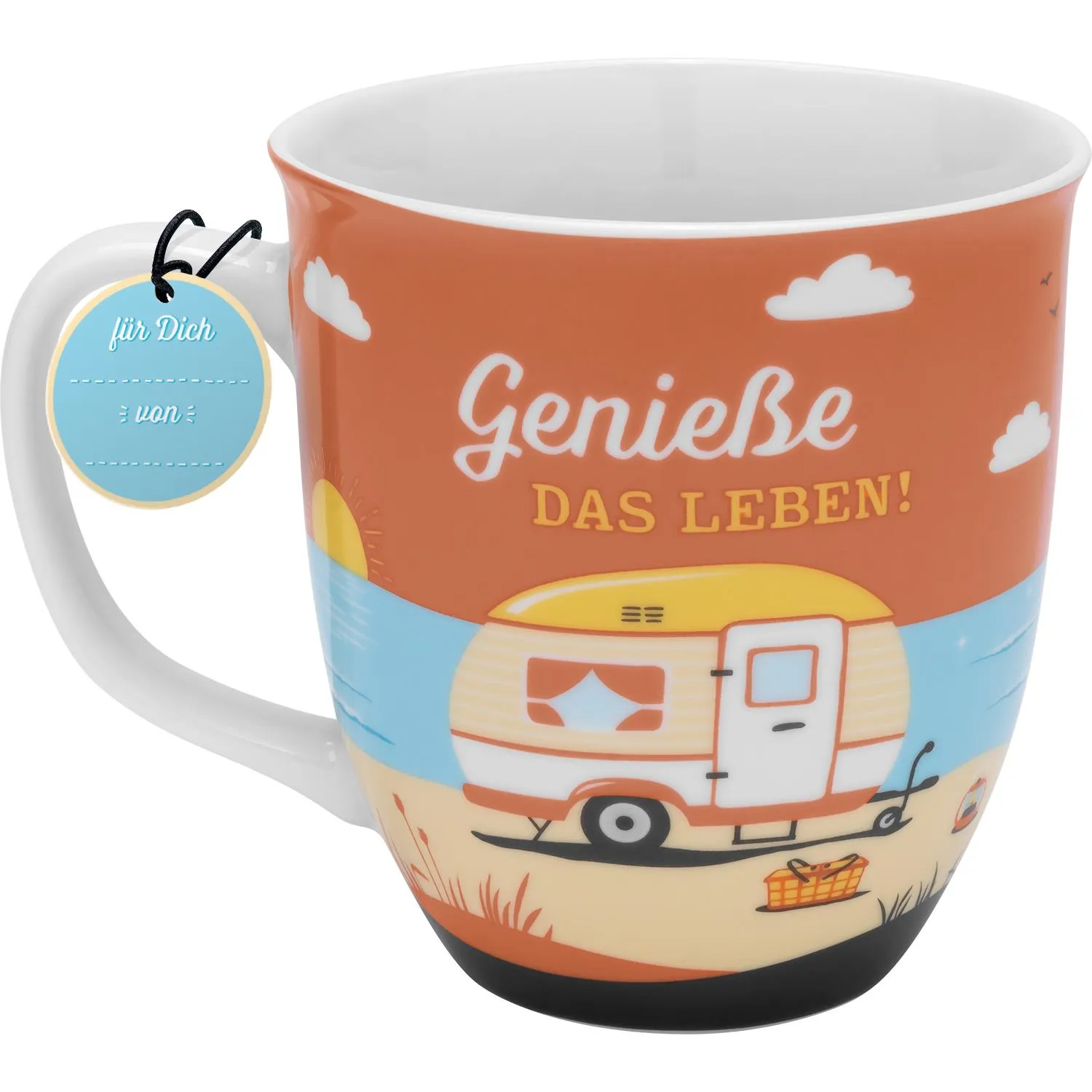 Becher mit Strand-Caravan-Motiv und dem Spruch Genieße das Leben!