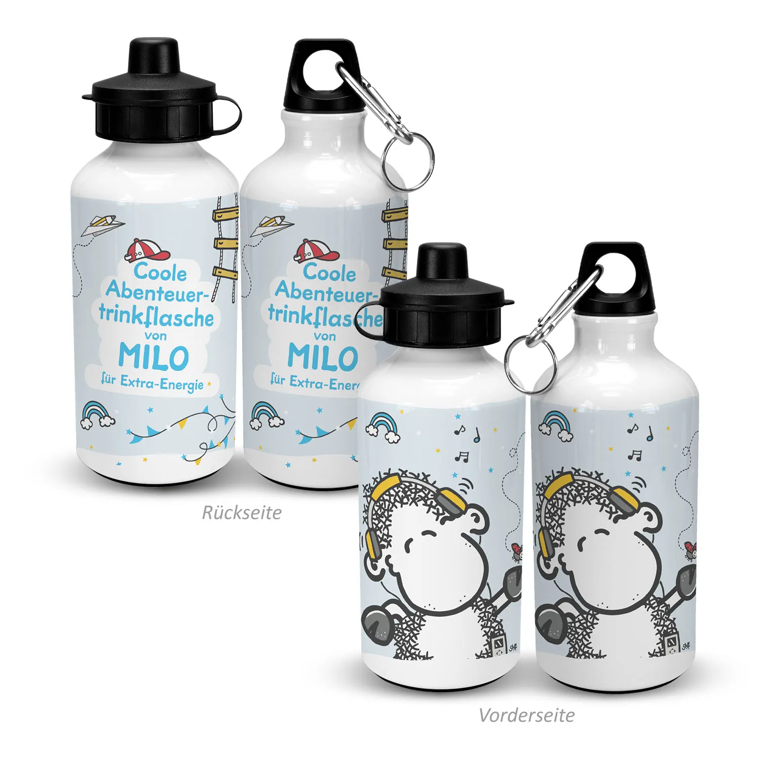 Weiße Aluminium-Trinkflasche mit Schäfchen-Motiv und Kopfhörer-Design, personalisierbar