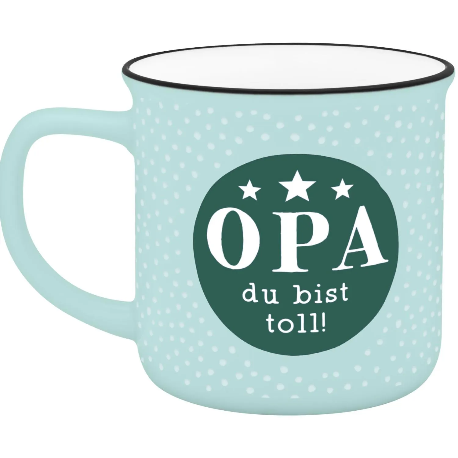 Pastellblauer Becher mit OPA-Logo in dunkelgrünem Kreis und weißen Punkten