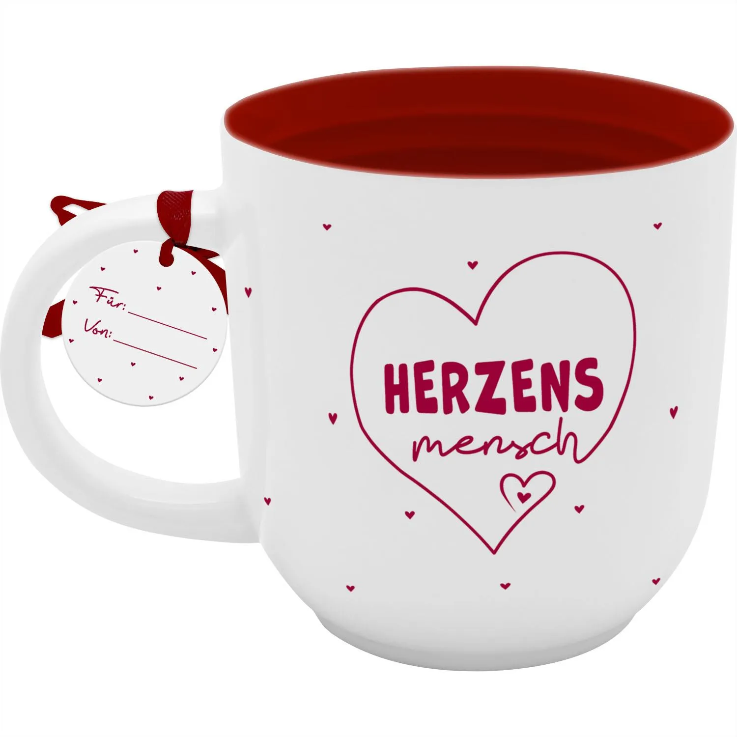 Weiße Porzellan-Tasse mit rotem Innenraum und Herz-Logo Herzens mensch